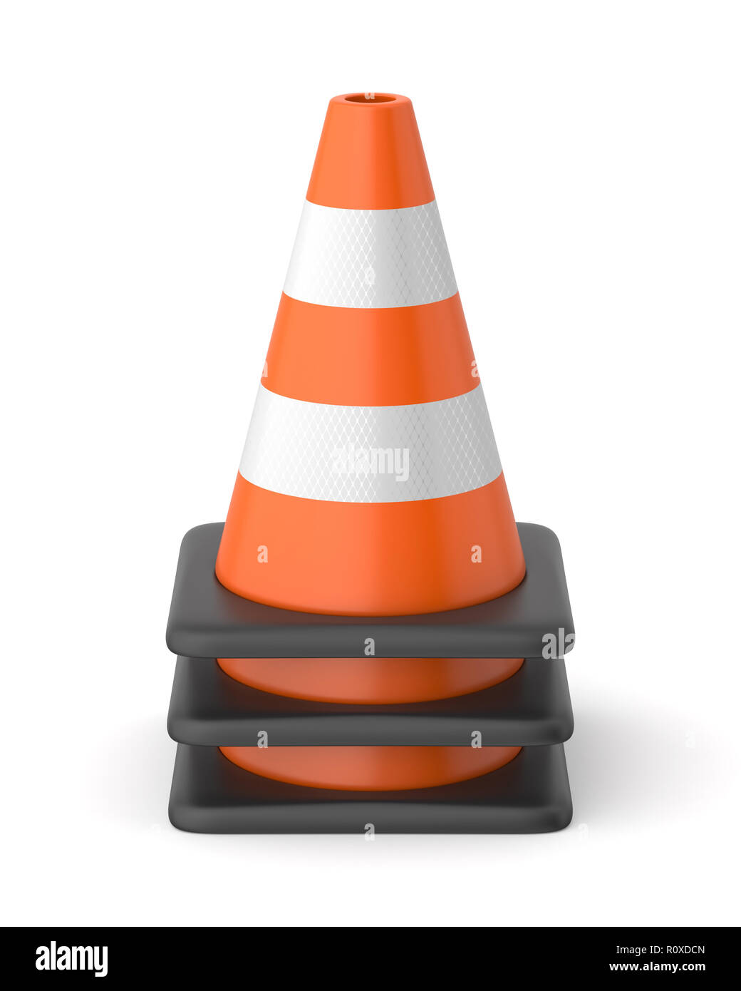 3d rendered stack of orange, black and white striped traffic cones on a white background. Stock Photo