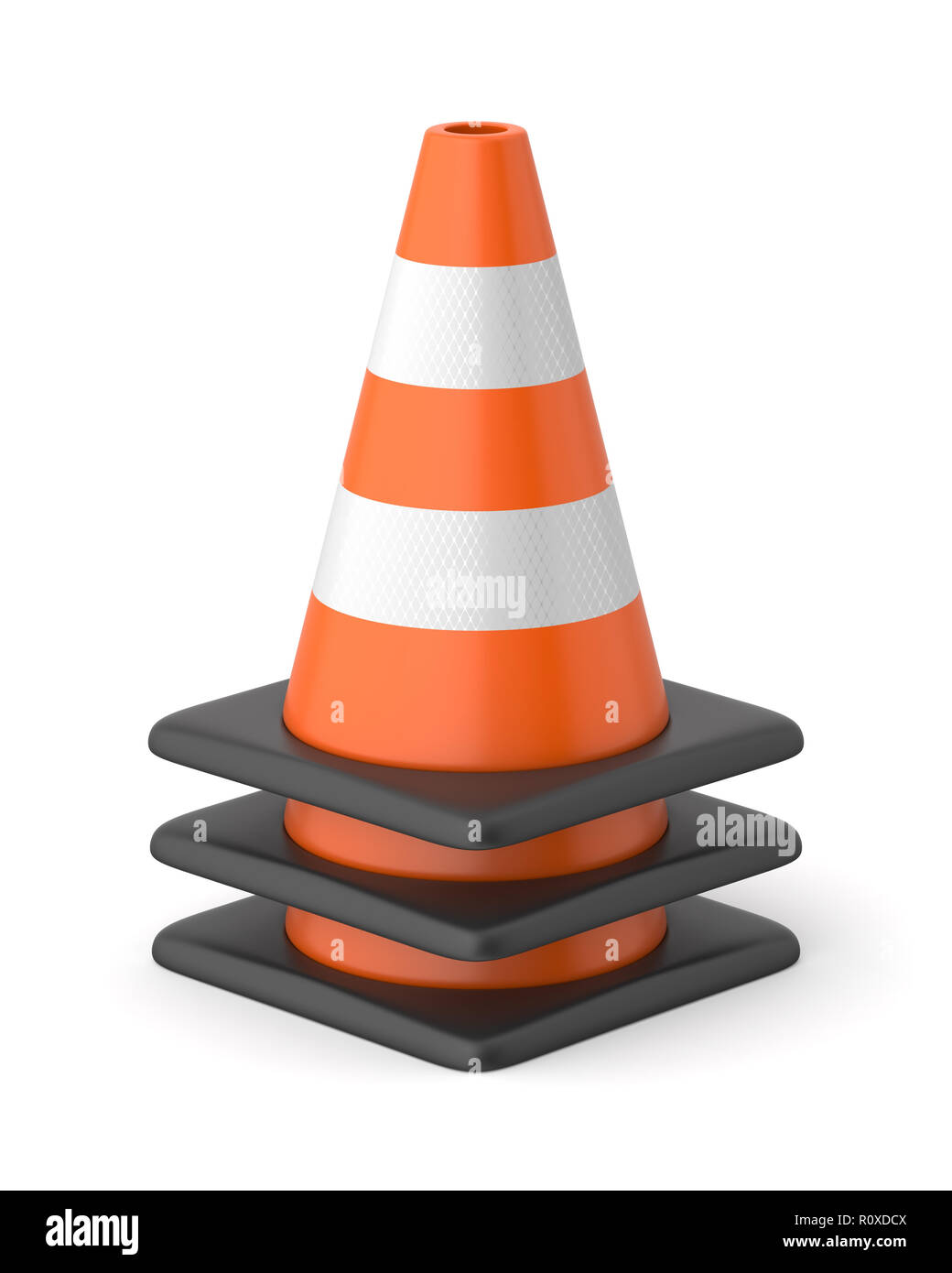 3d rendered stack of orange, black and white striped traffic cones on a white background. Stock Photo