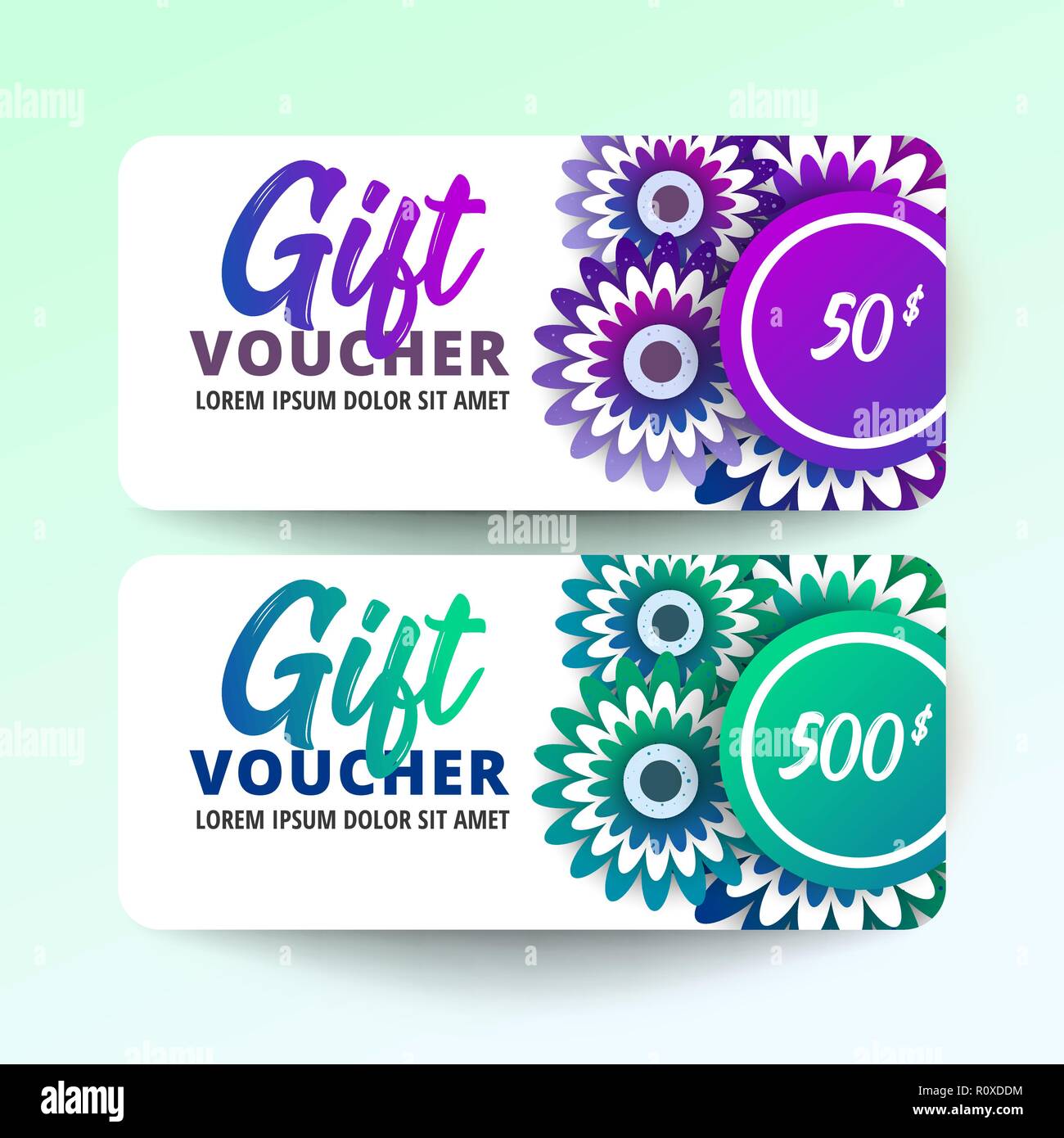 Gift Voucher Card Set Template with flowers on white background. Paper