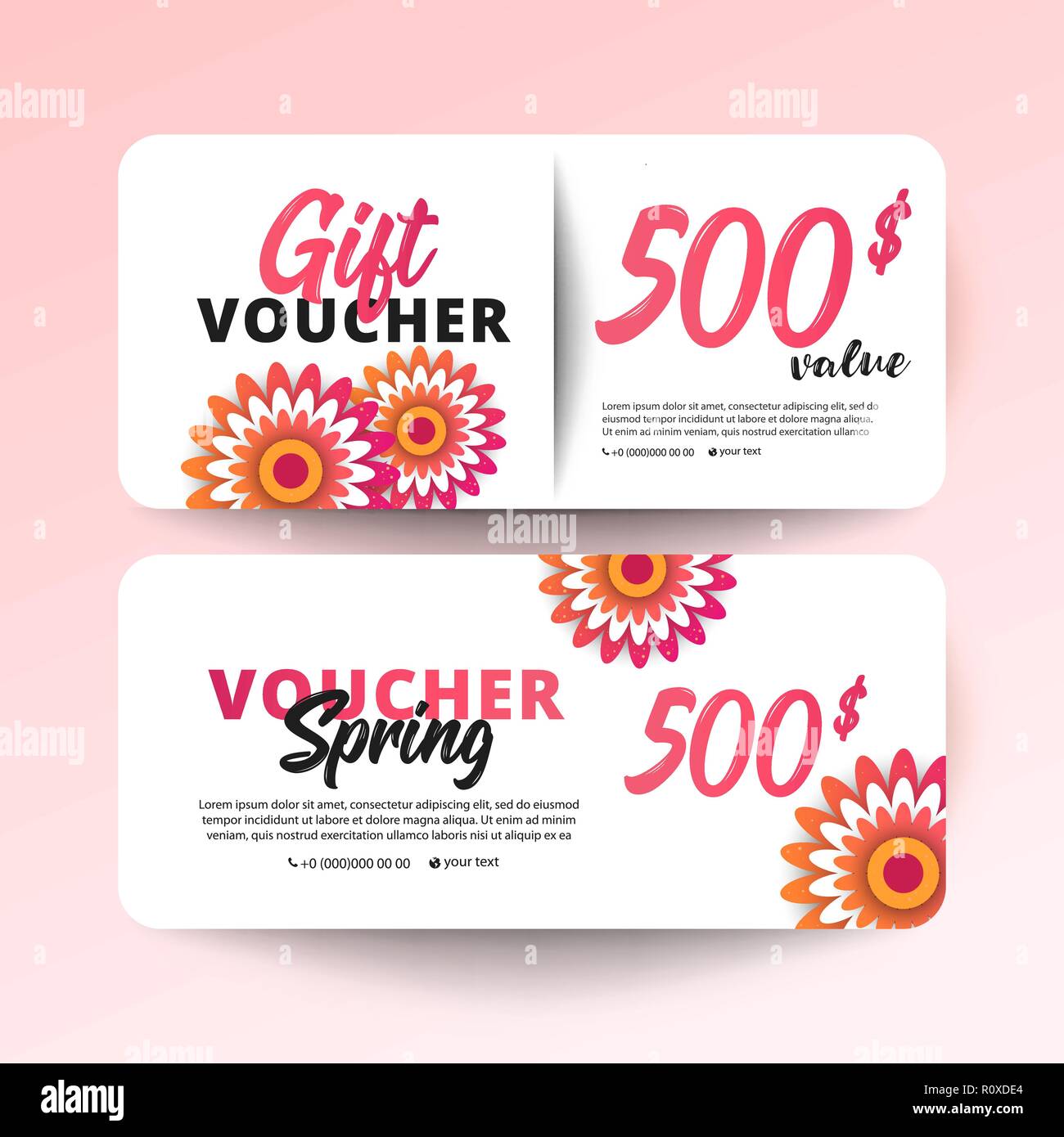 Gift Voucher Card Set Template with flowers on white background. Paper