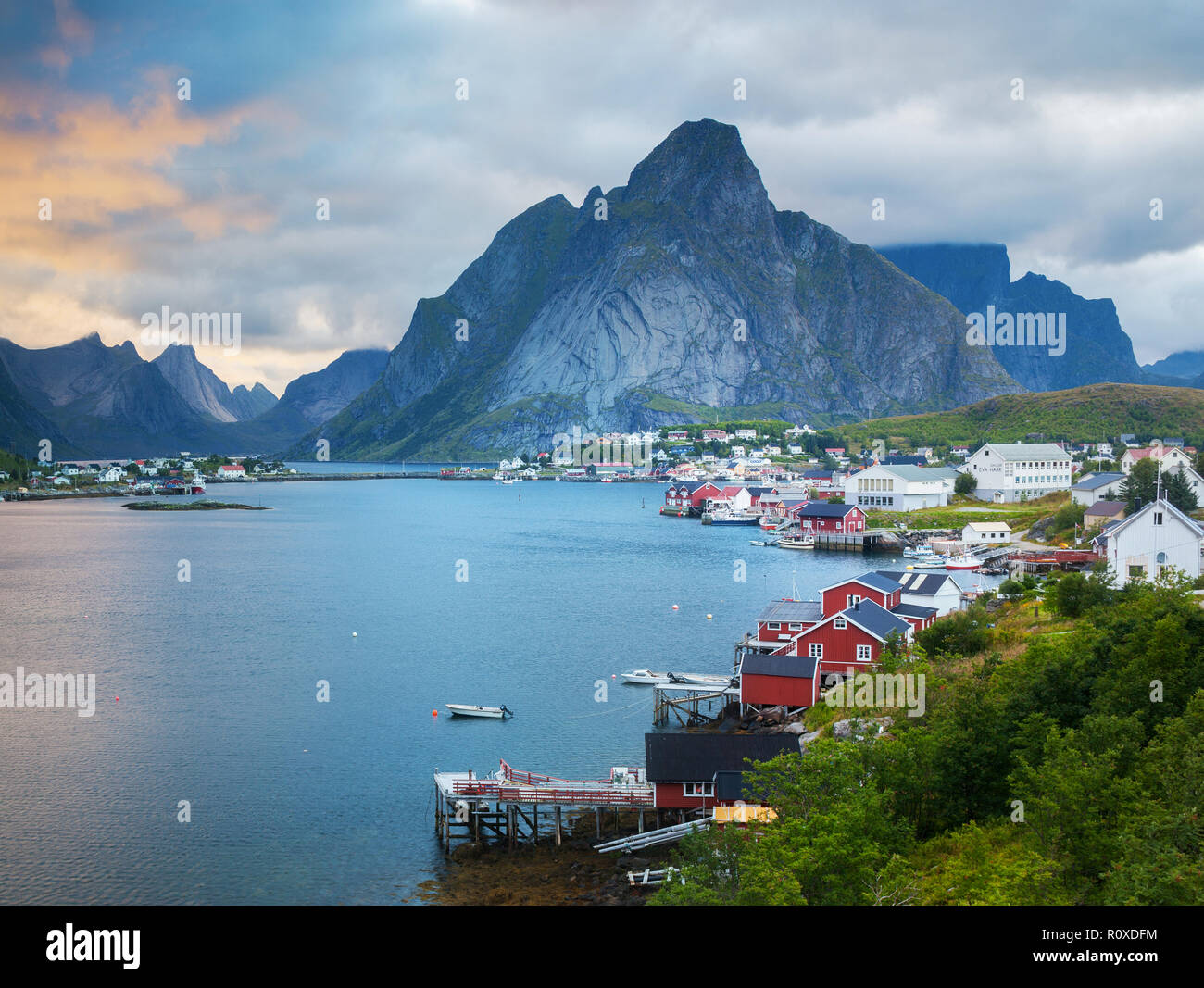 Rorbuers are traditional red fishing houses in Lofoten Stock Photo