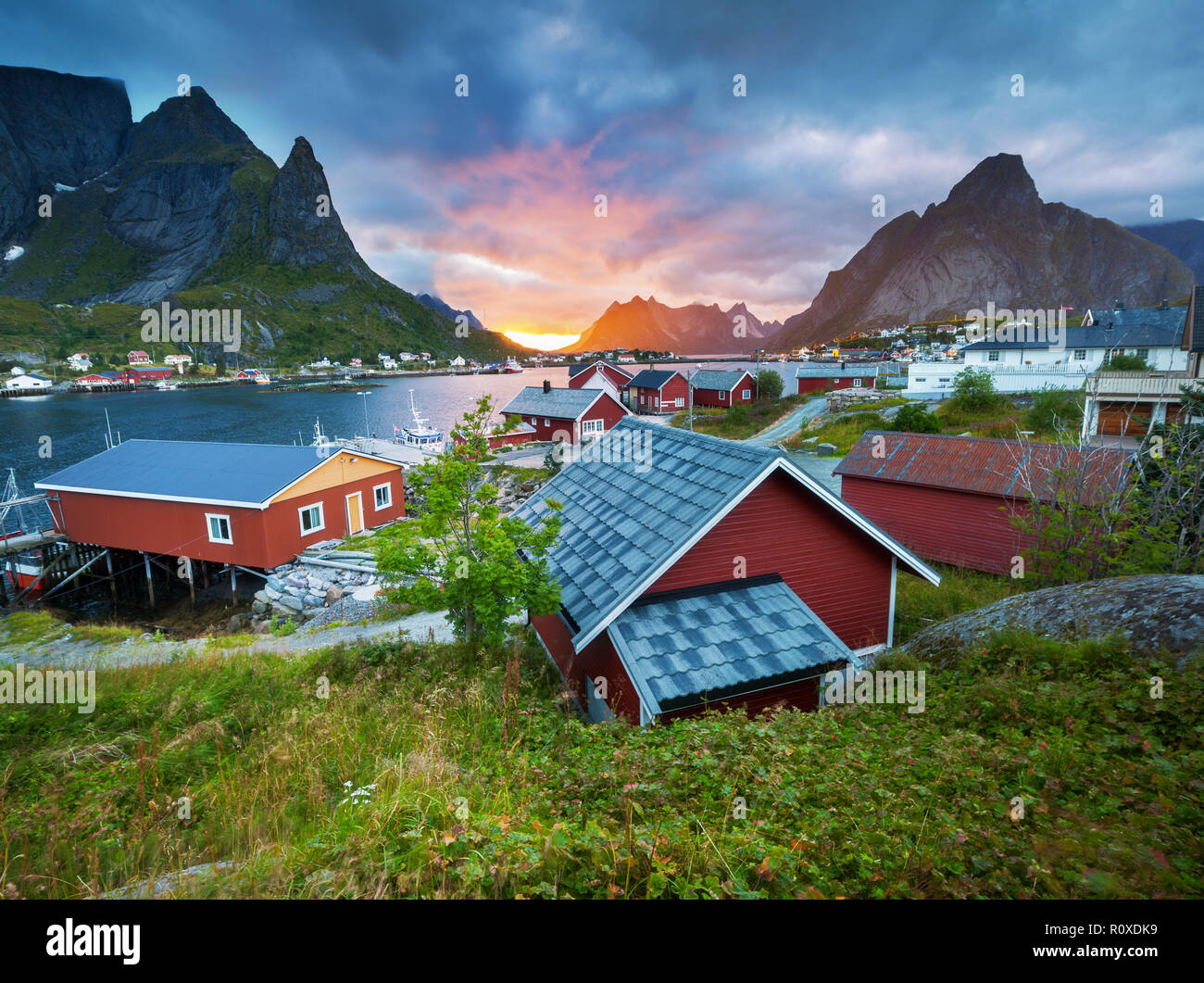 Rorbuers are traditional red fishing houses in Lofoten Stock Photo