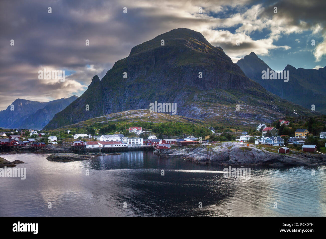 Rorbuers are traditional red fishing houses in Lofoten Stock Photo