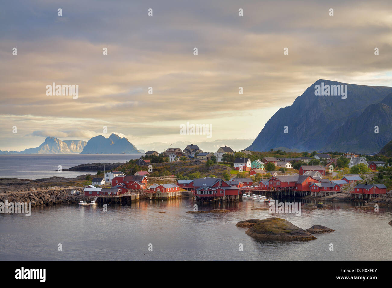 Rorbuers are traditional red fishing houses in Lofoten Stock Photo