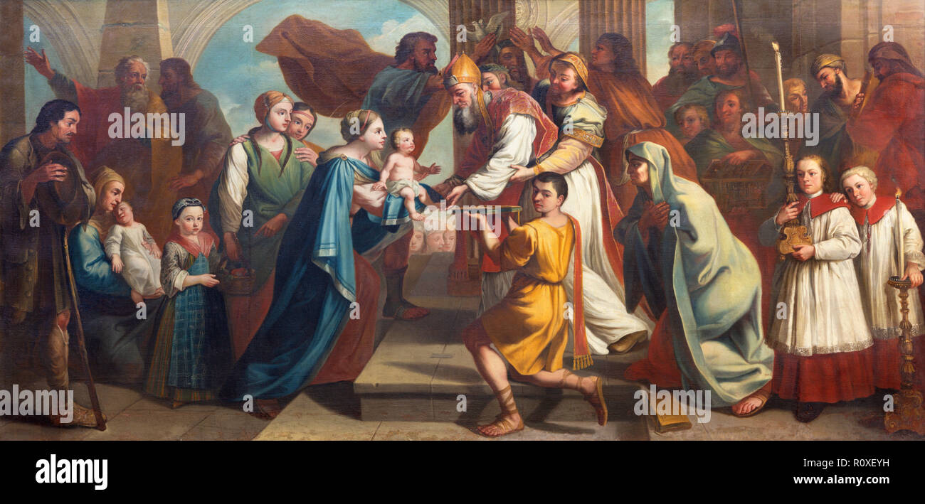 PRAGUE, CZECH REPUBLIC - OCTOBER 16, 2018: The painting of Presentation of Jesus in the Temple in church kostel Svatého Havla Stock Photo