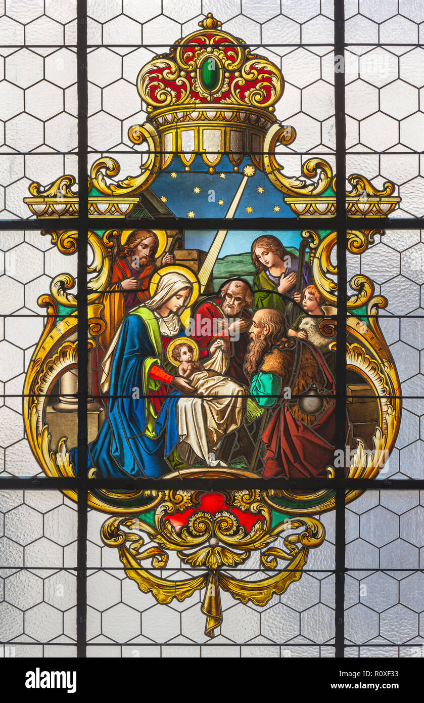 PRAGUE, CZECH REPUBLIC - OCTOBER 16, 2018: The stained glass of Nativity in church kostel Svatého Havla. Stock Photo