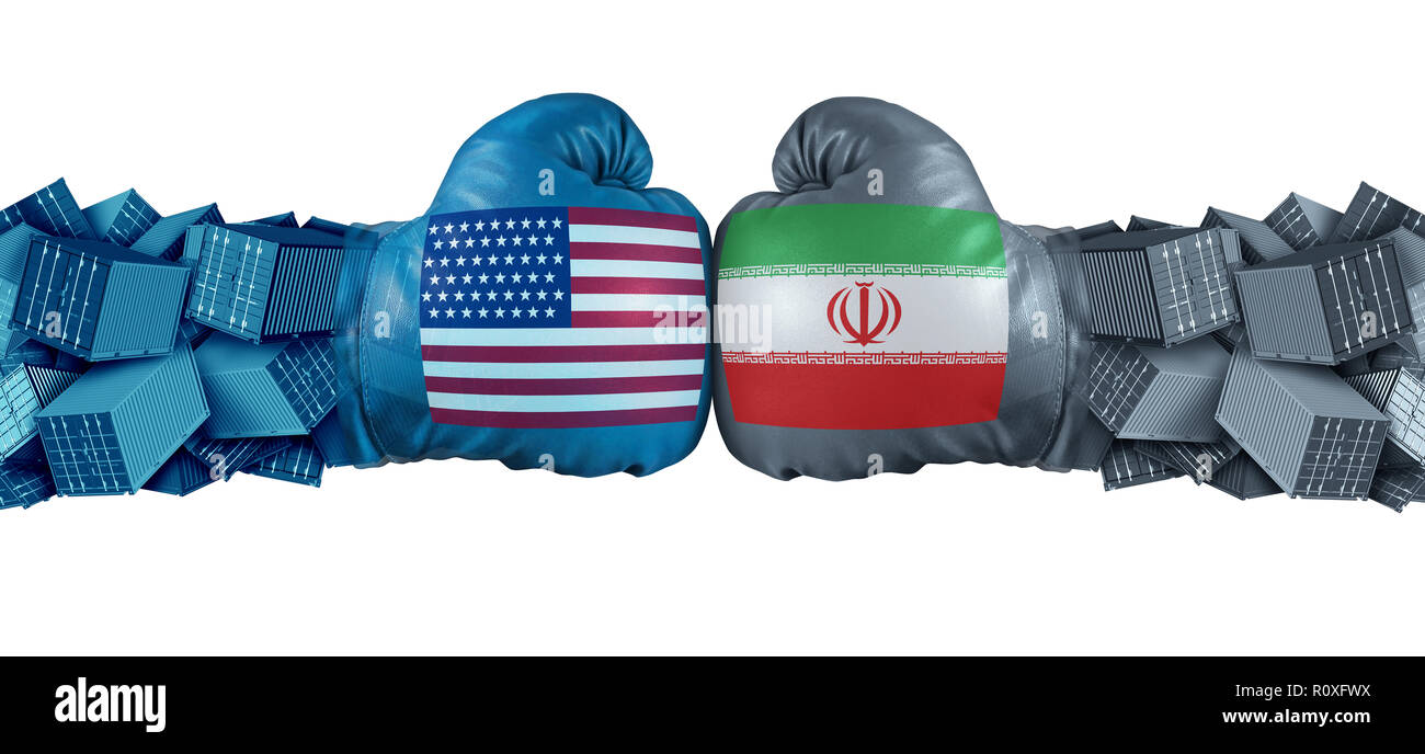 Iran United States or USA economic sanctions conflict with two opposing trade partners as import and exports dispute concept. Stock Photo