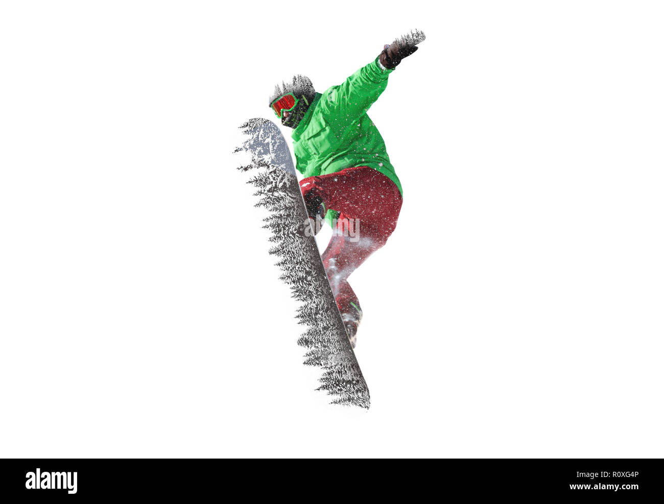 Snowboarder jumps in forest. Freeride snowboarding or ski resort concept Stock Photo