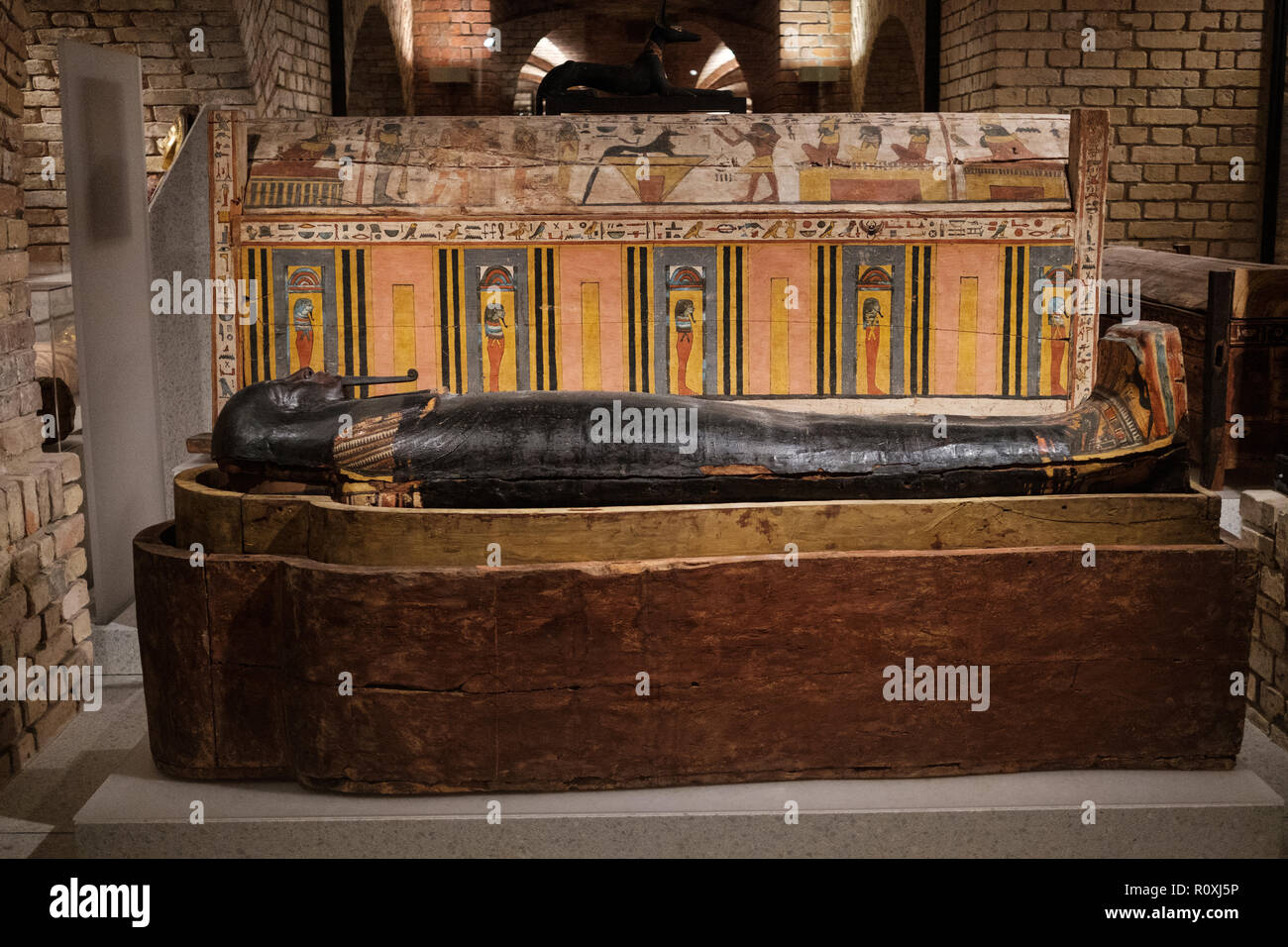 Berlin, Germany - november 2018: Old egyptian sarcophagus inside the Neues Museum ('New Museum'),  Museum Island in Berlin Stock Photo