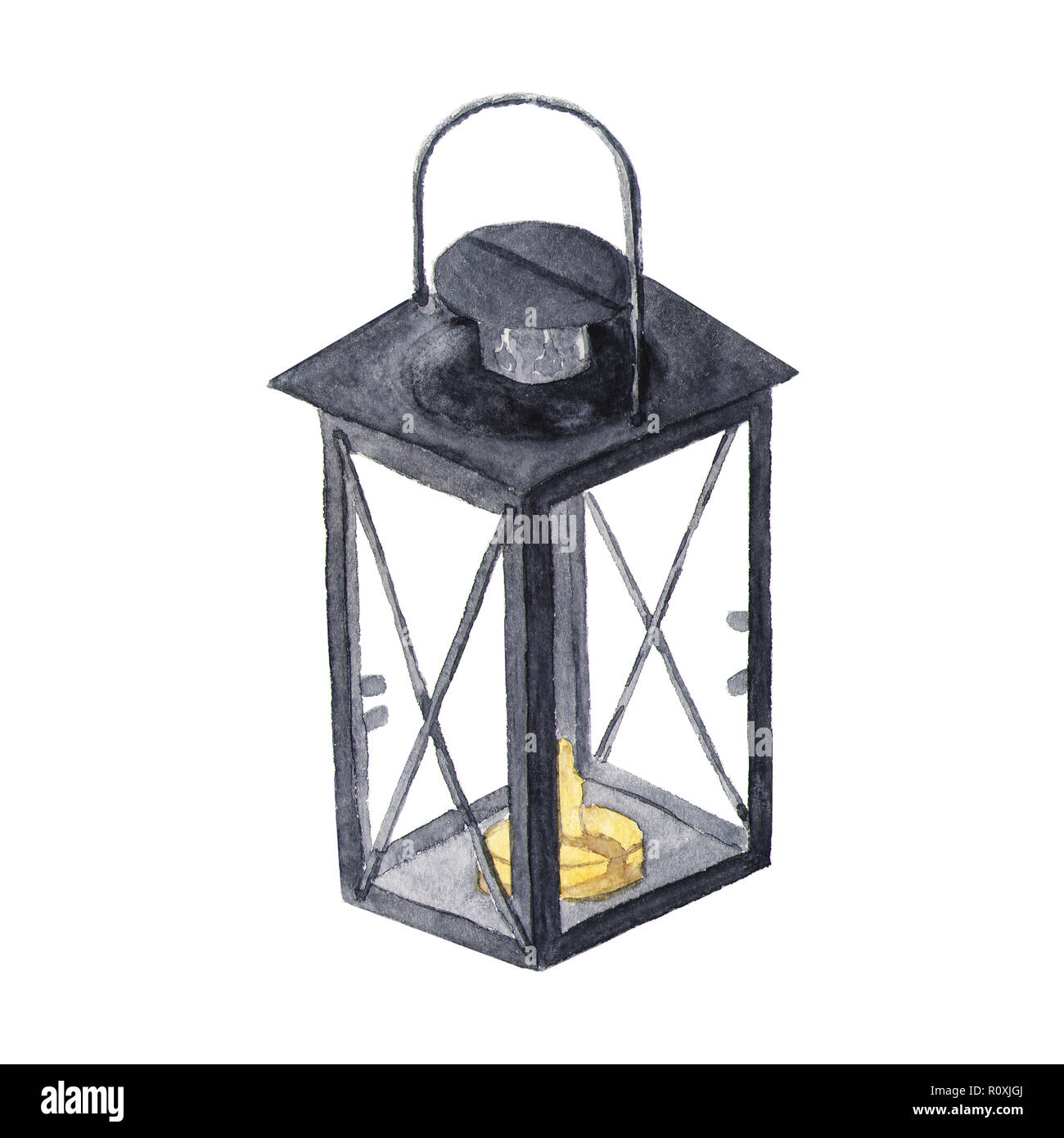 Watercolor traditional black lantern with candle. Hand painted