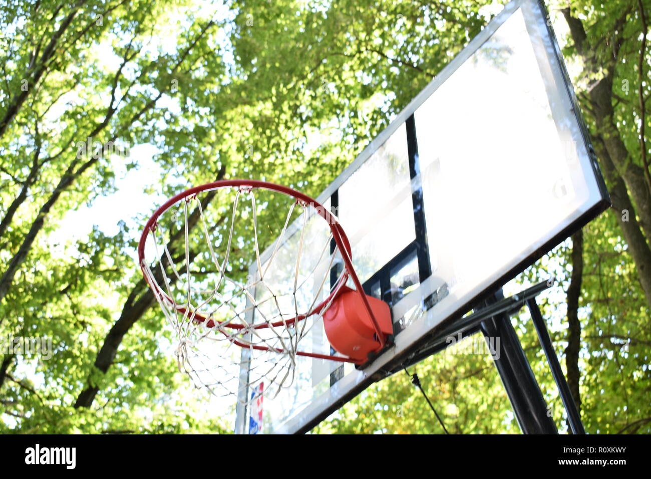 Upward shot of an outdoors basketball goal with trees in the background Stock Photo