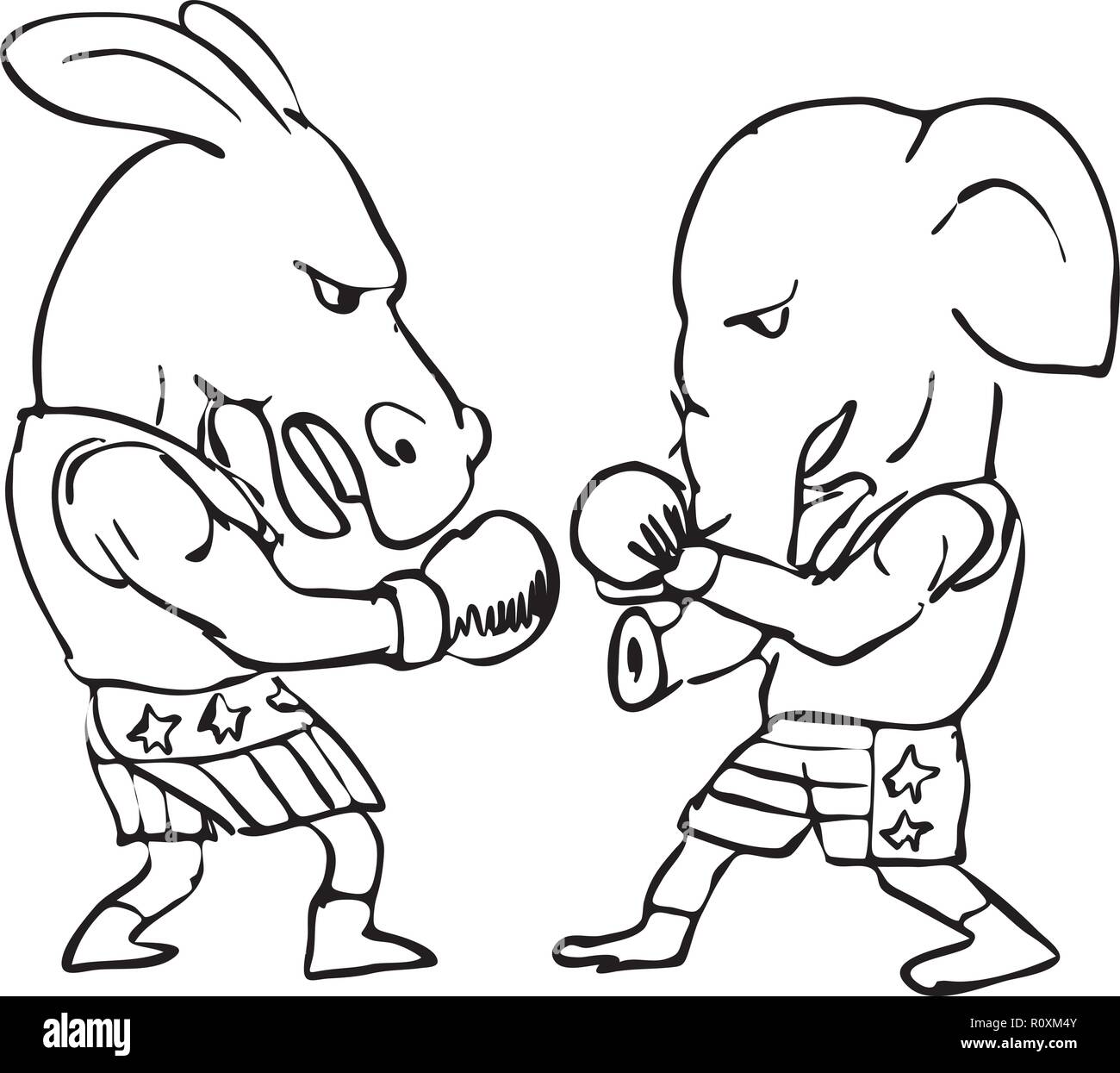 Illustration graphics showing a drawing of a donkey boxer and a elephant fighting in a boxing match wearing American stars and stripes shorts on white Stock Vector