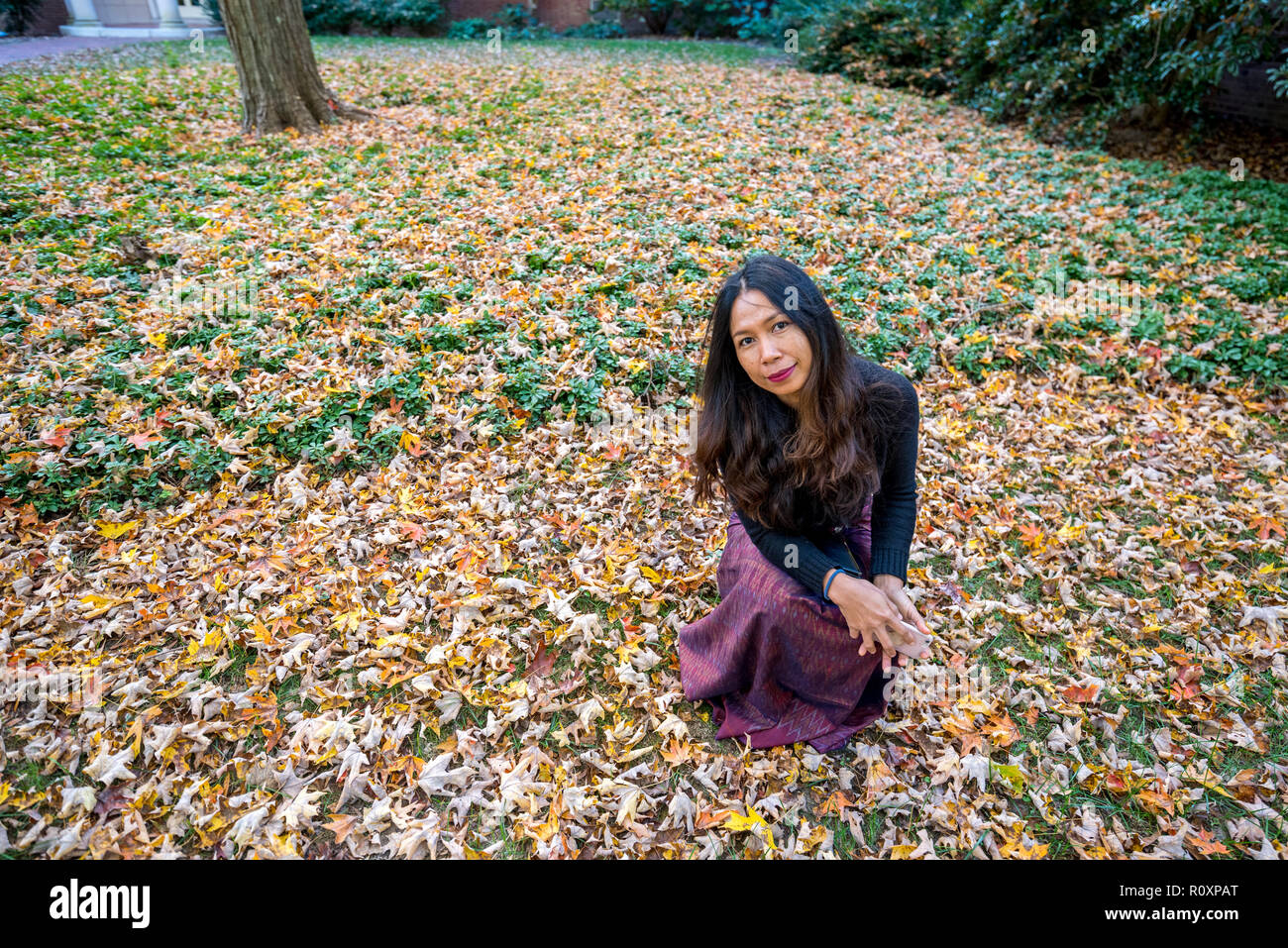 Thai woman kneeling on ground surrounded by leaves in the fall looking at camera Stock Photo