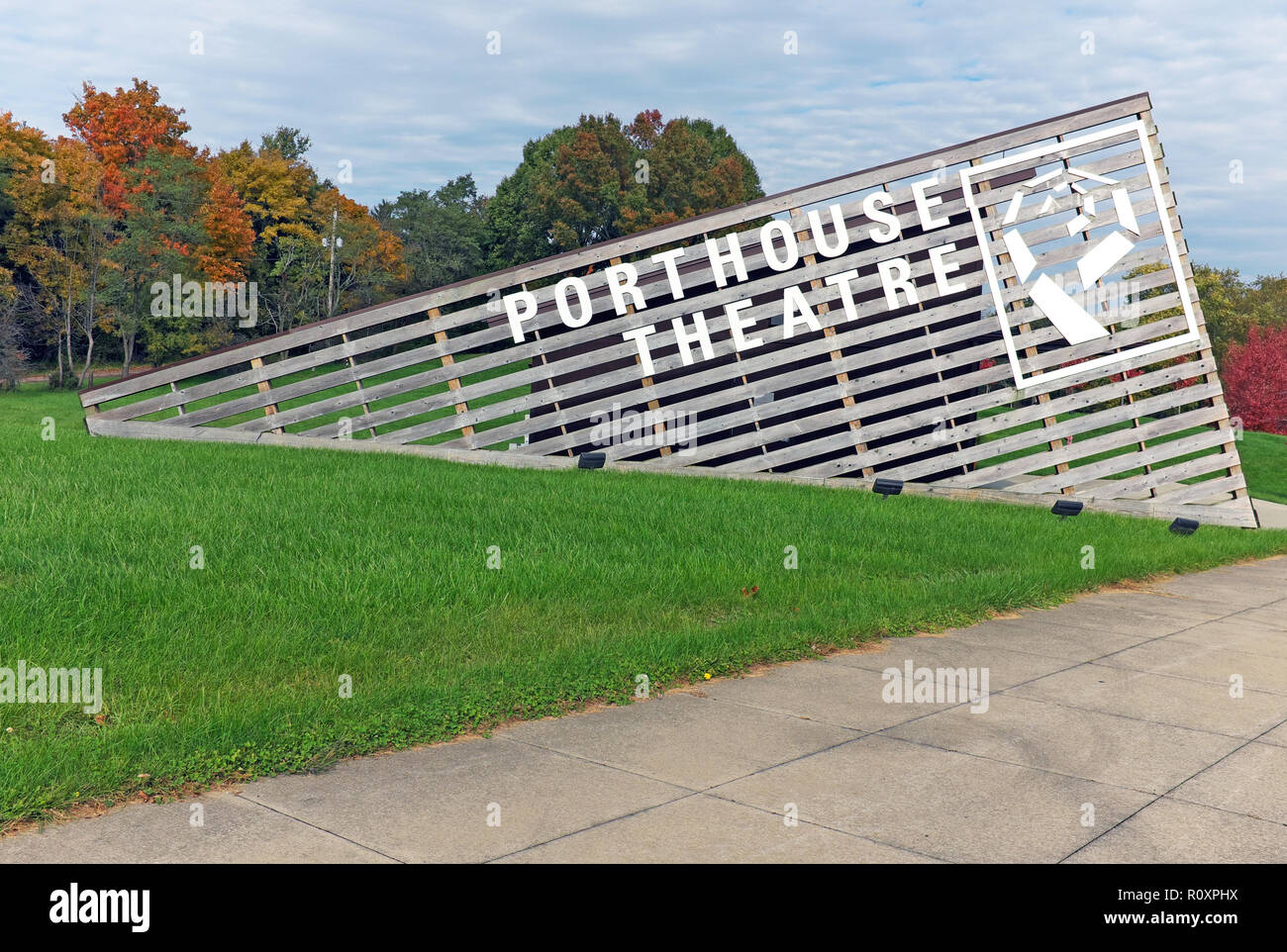 The Porthouse Theatre entrance signage on the grounds of Blossom Music Center in Cuyahoga Falls, Ohio, USA. Stock Photo