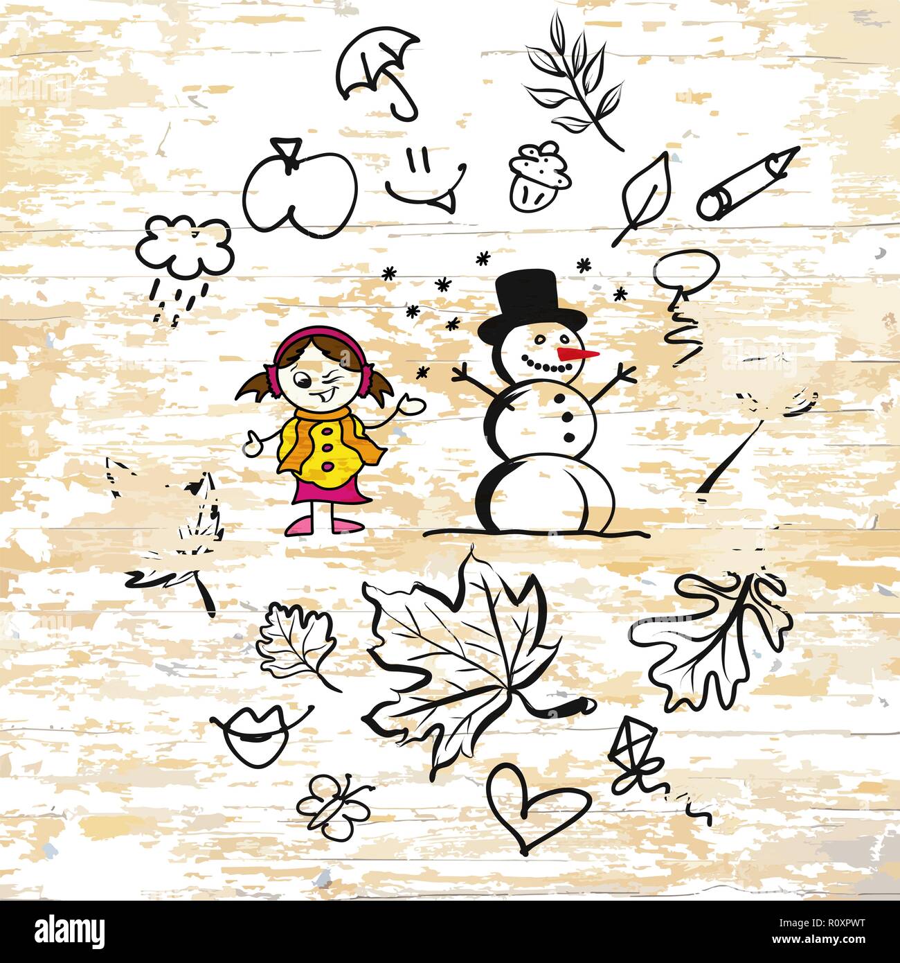 Autumn season doodles on wooden background. Vector illustration drawn by hand. Stock Vector