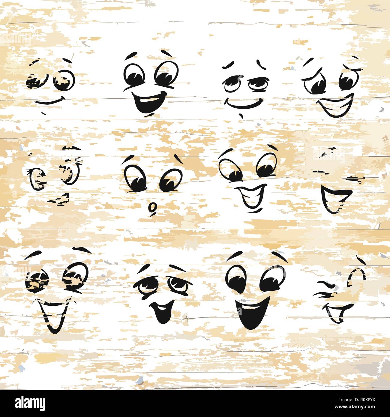 Laughing icons drawings on wooden background. Vector illustration drawn by hand. Stock Vector