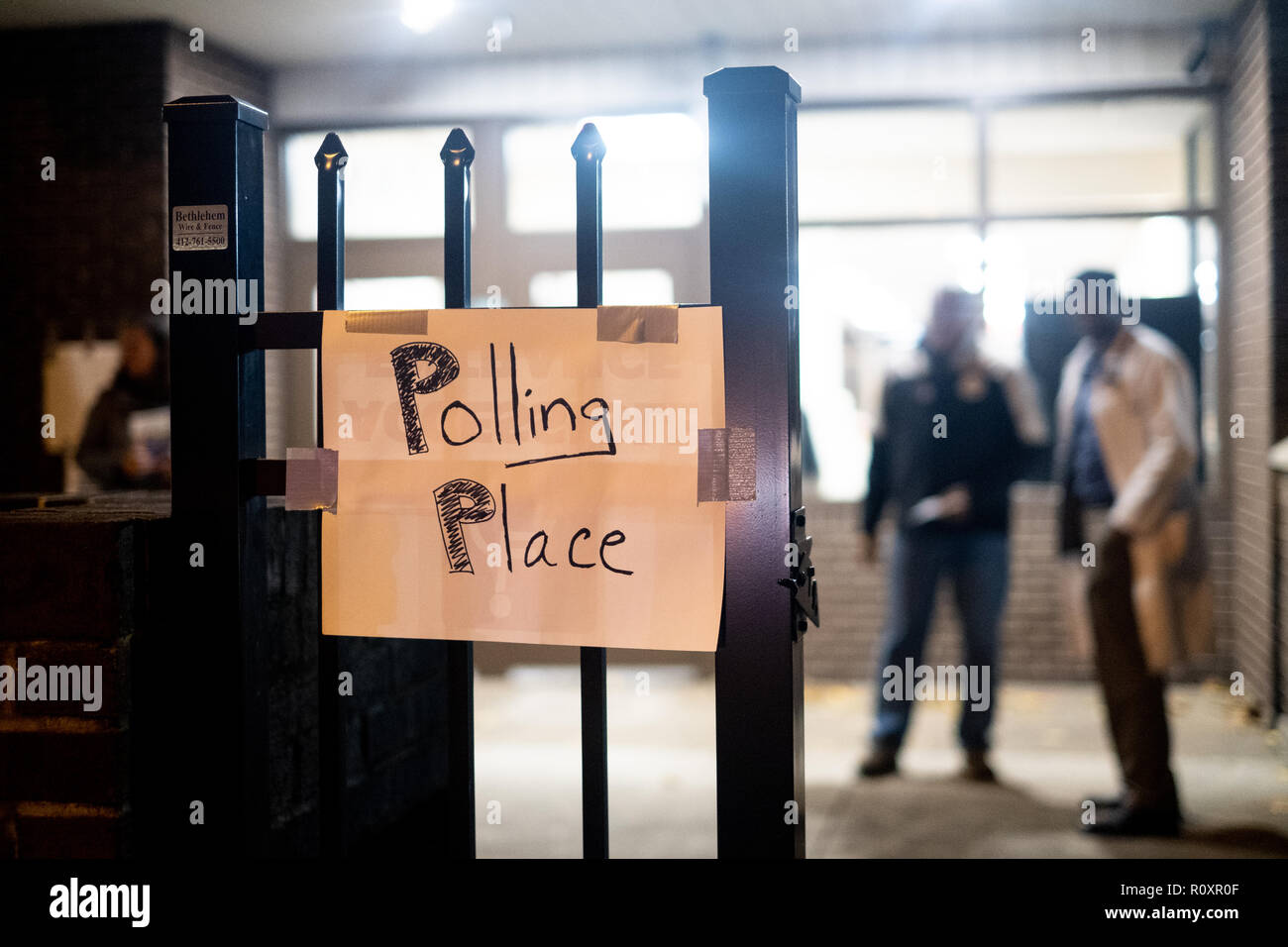 Polling place sign is seen at the entrance during the midterm elections in Pittsburgh, PA in the aftermath of the Tree of Life shootings. Stock Photo