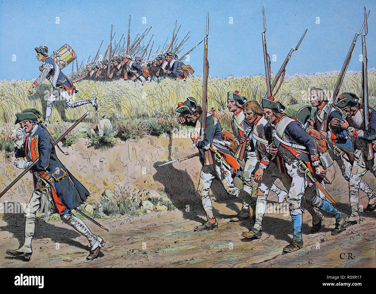 Digital improved reproduction, Seven Years' War, global conflict fought between 1756 and 1763, Musketeers and grenadiers on the march from Moravia to Kuestrin Stock Photo