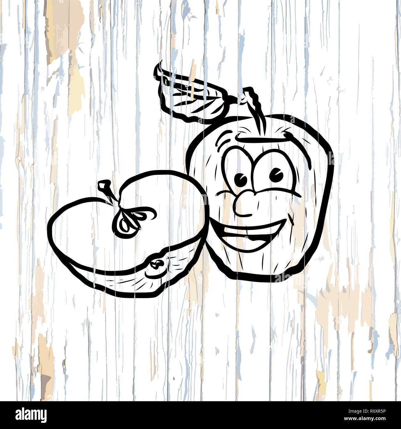 Apple icons sketches on wooden background. Vector illustration drawn by hand. Stock Vector