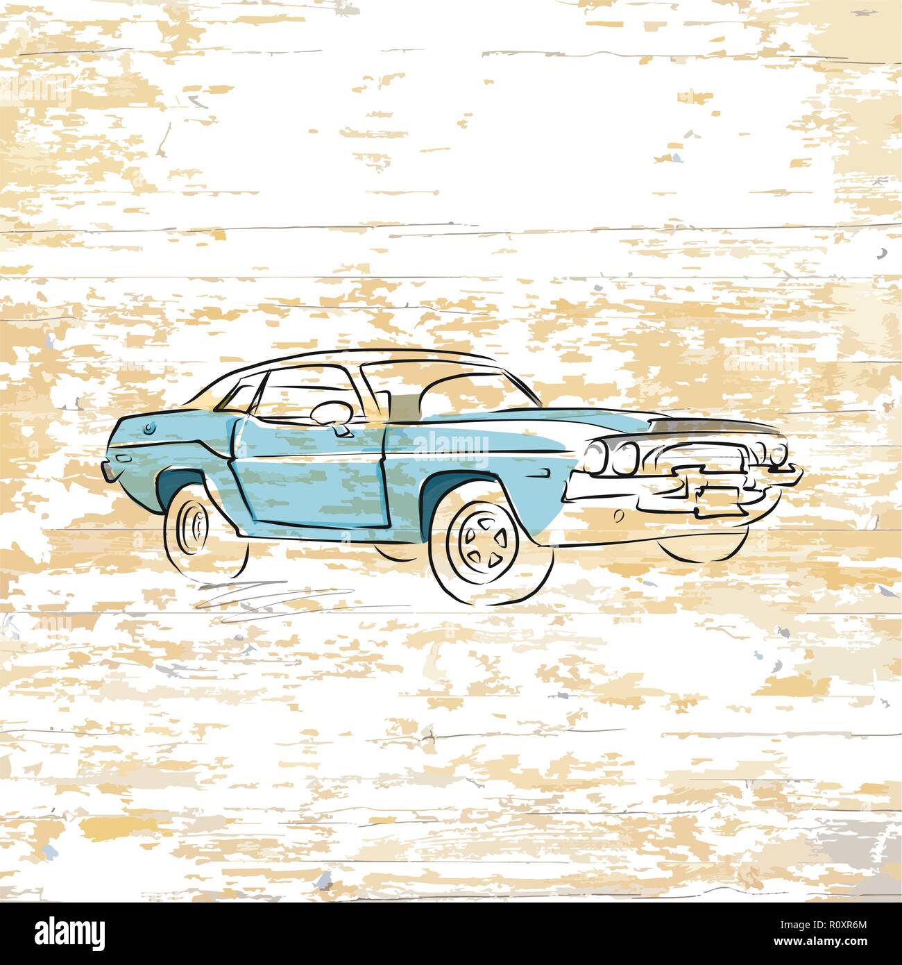 Vintage car drawing on wooden background. Vector illustration drawn by hand. Stock Vector