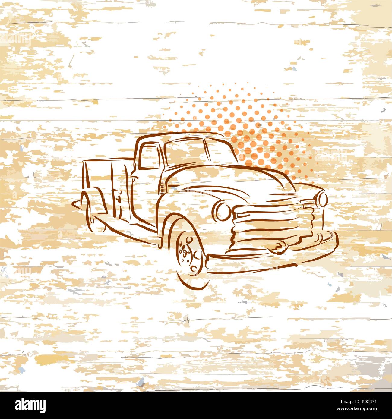 Vintage pickup truck on wooden background. Vector illustration drawn by hand. Stock Vector