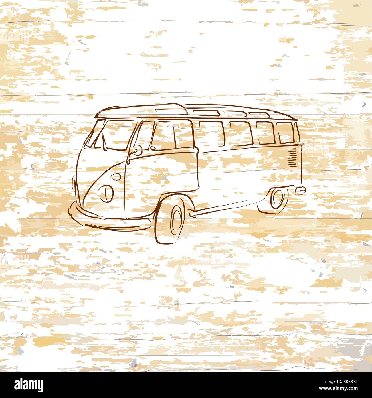 Vintage bus drawing on wooden background. Vector illustration drawn by hand. Stock Vector