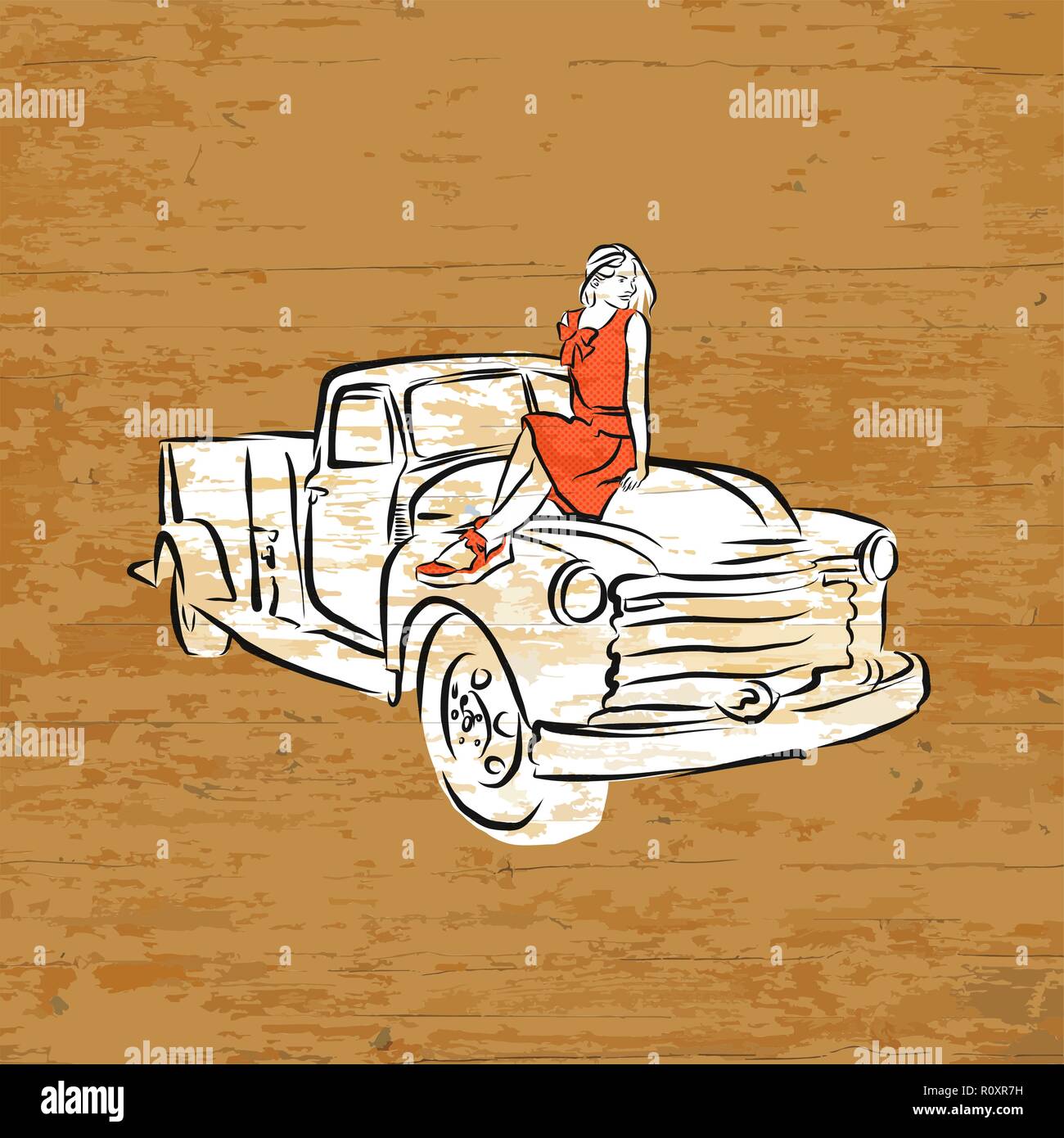 Vintage pickup truck on wooden background. Vector illustration drawn by hand. Stock Vector