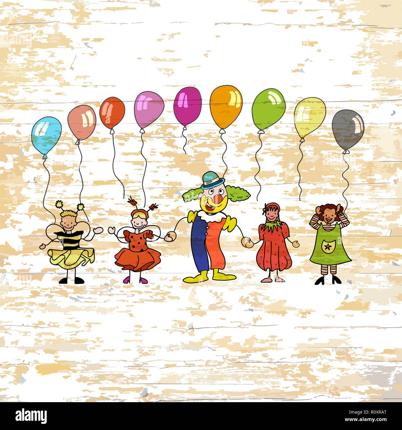 Kindergarten kids with balloons on wooden background. Vector illustration drawn by hand. Stock Vector