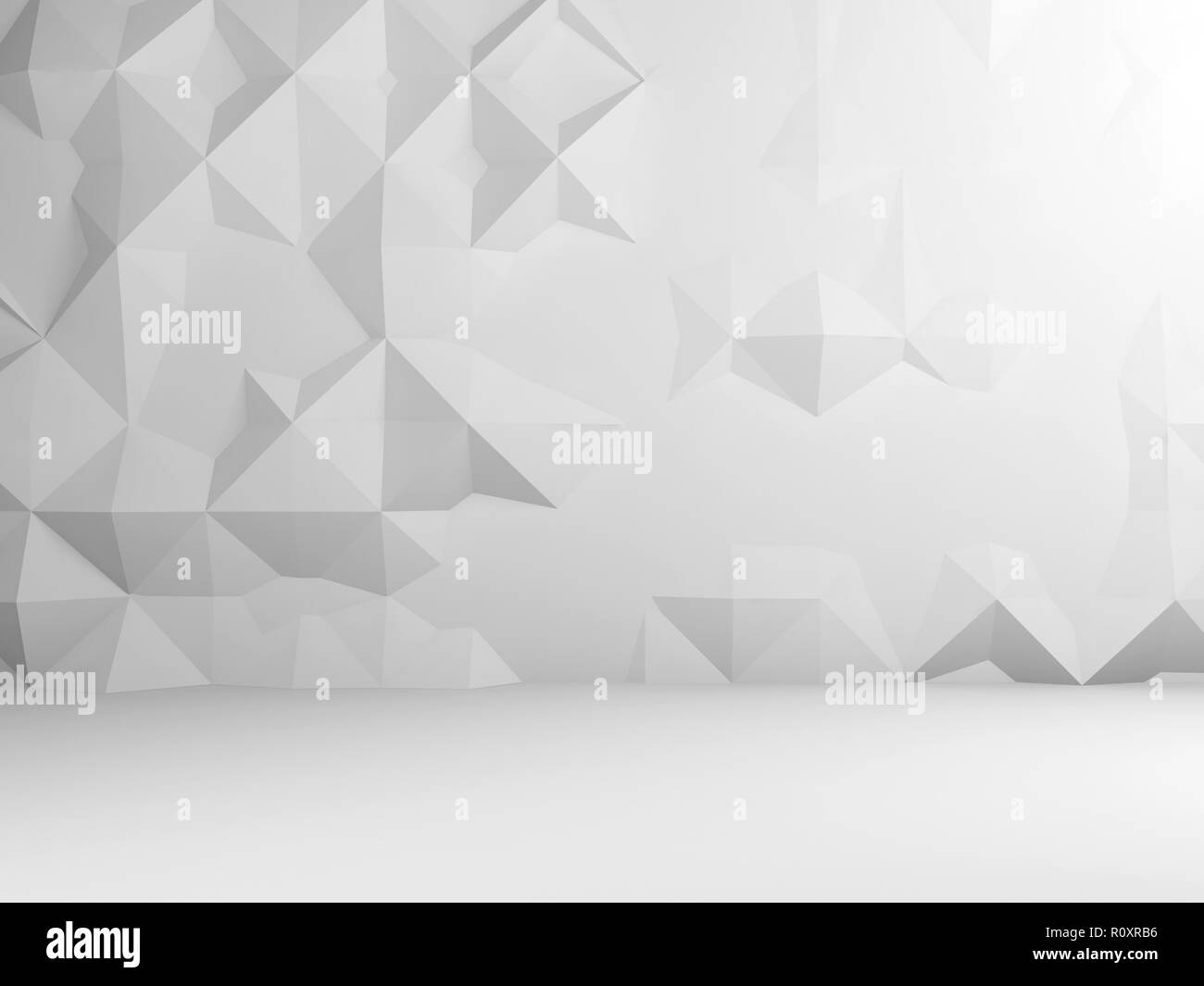 Abstract white interior with low poly mosaic pattern on the wall, 3d ...