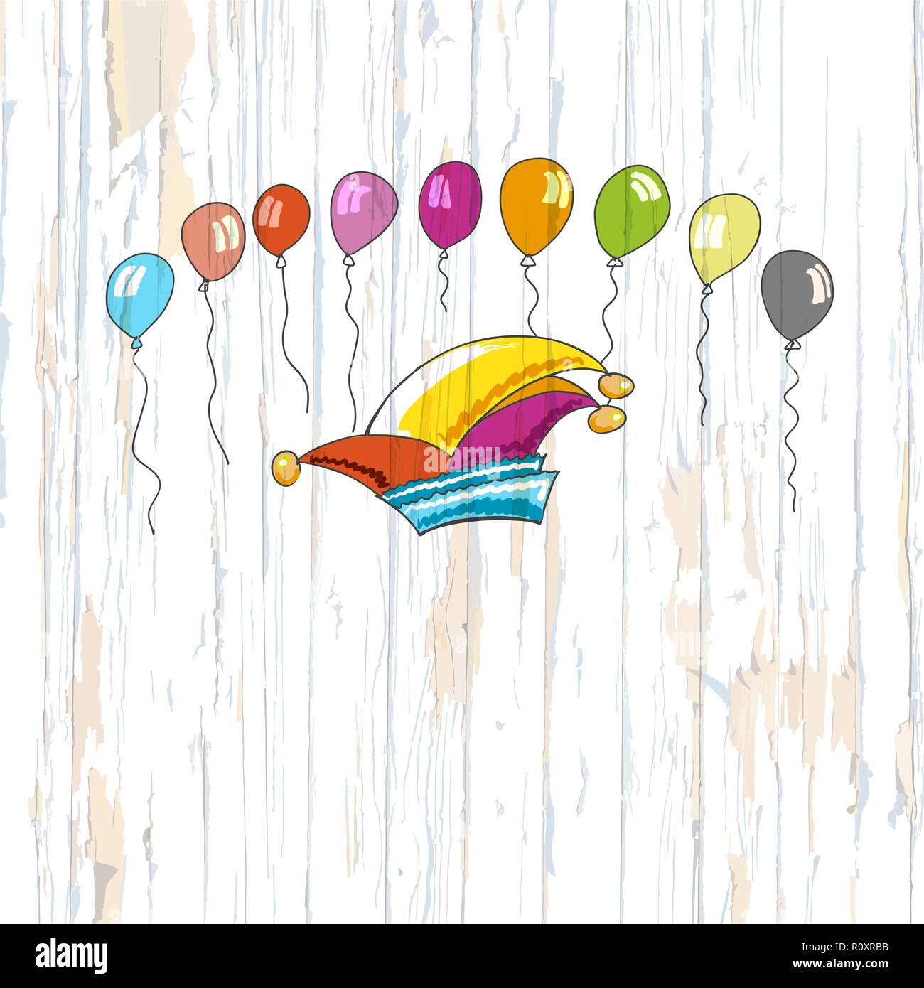 Carnival heat and balloons on wooden background. Vector illustration drawn by hand. Stock Vector