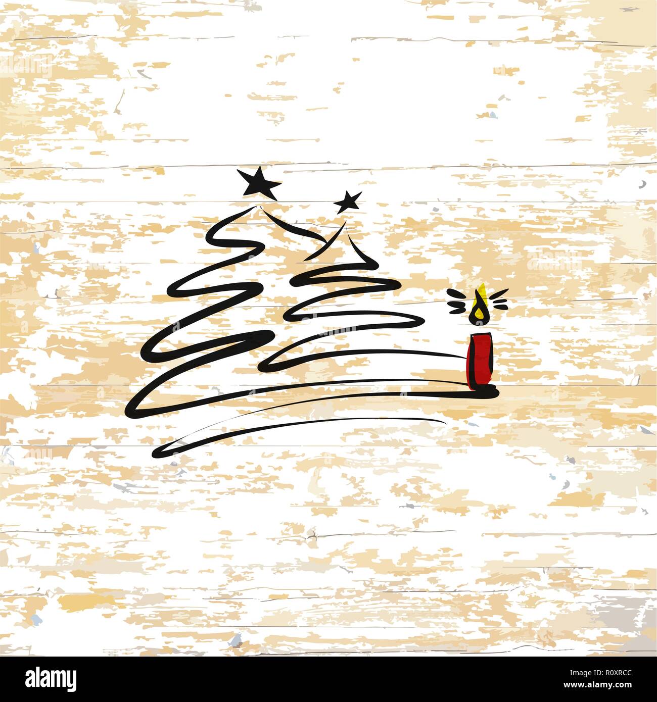 Christmas tree with candle sketch on wooden background. Vector illustration drawn by hand. Stock Vector