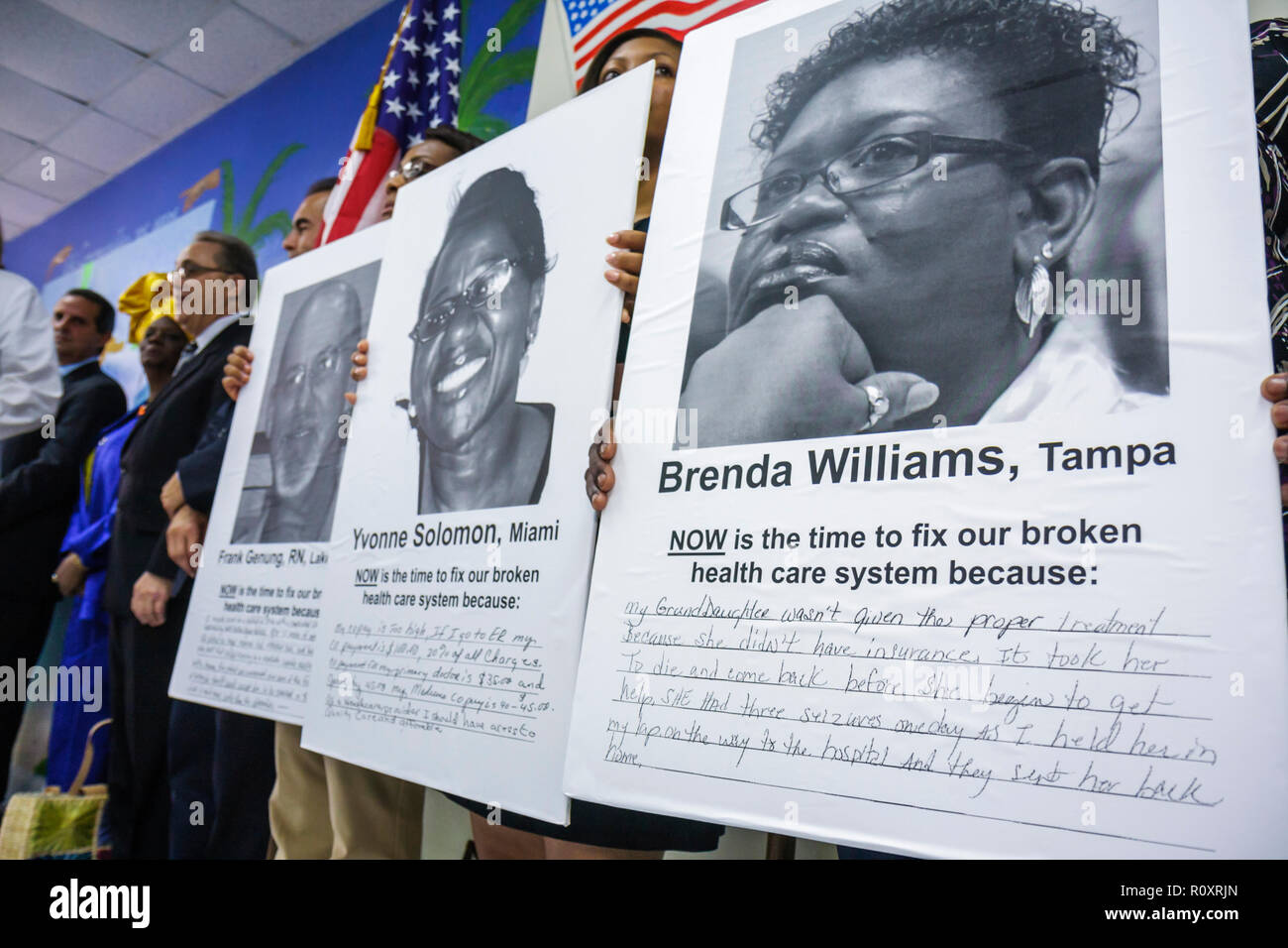 Miami Florida,Borinquen Health Care Center,clinic,healthcare reform press conference,affordable medical insurance,uninsured,Black man men male,woman f Stock Photo