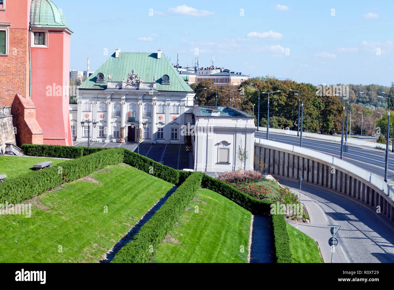 Capital city of Poland Warsaw, view near the Royal Castle over historic Copper Roof Palace, road Trasa W-Z . Stock Photo