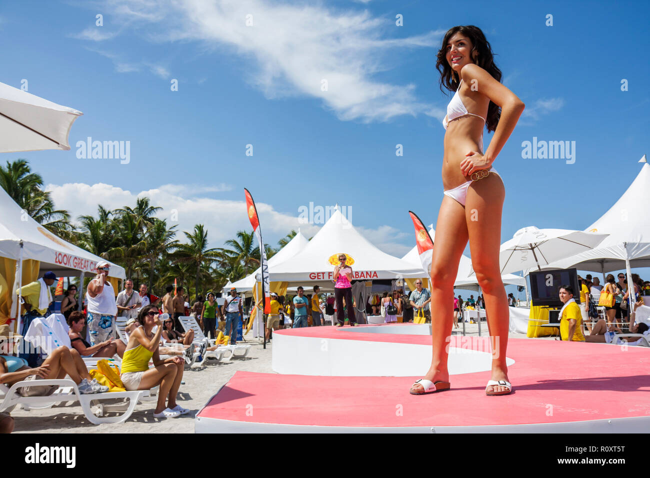 Miami Beach Florida,Lummus Park,Shape Bikini Body Tour,fitness,festival,fair,free fashion show,swimsuit,bikini,crochet,pose,model,catwalk,runway,figur Stock Photo