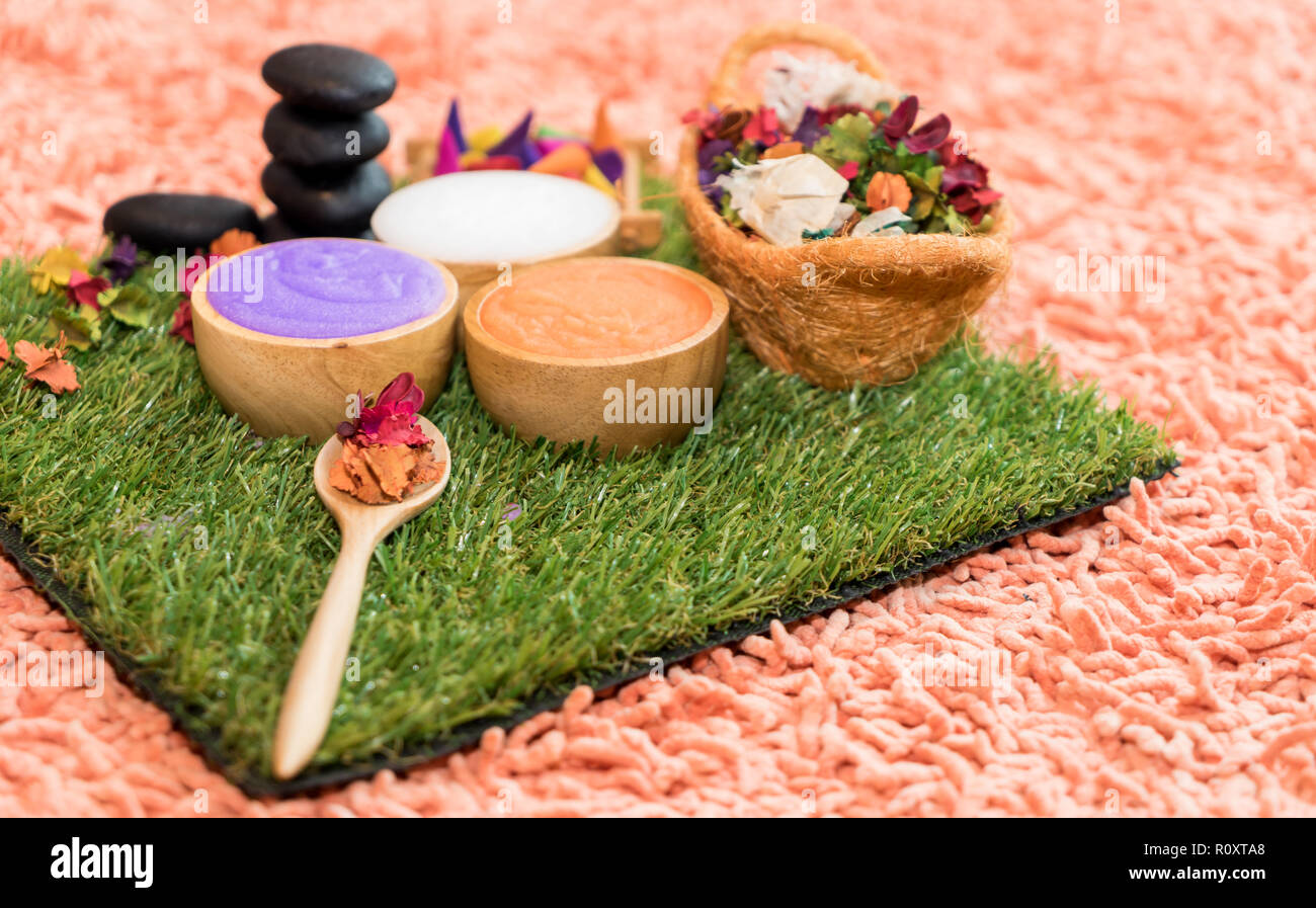 Spa Aromatherapy Scrub salt cream set  and flower Stock Photo