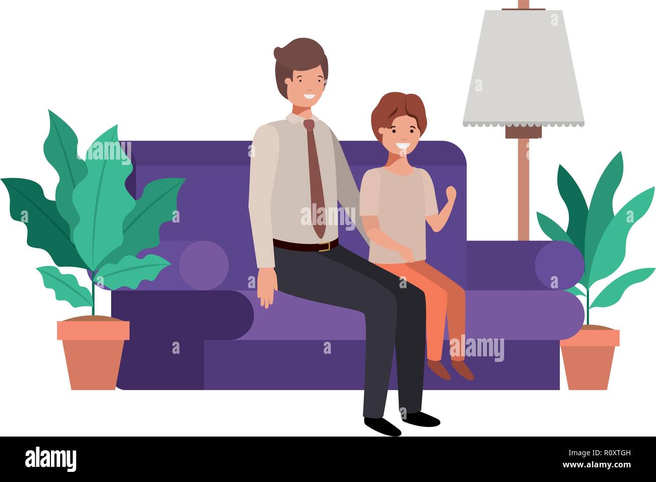 father and son sitting in couch avatar character Stock Vector