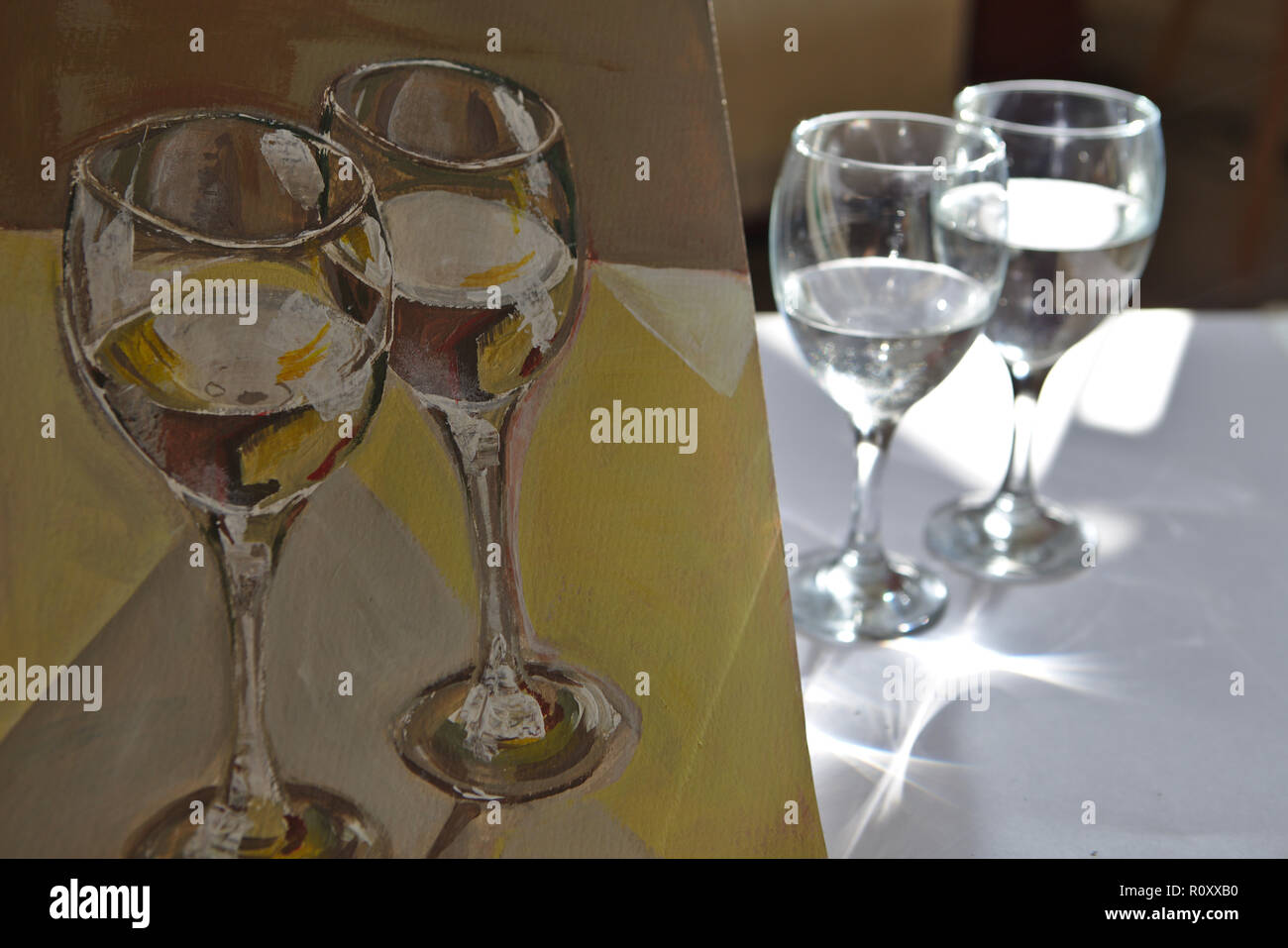 still life of wine glasses filled with water Stock Photo