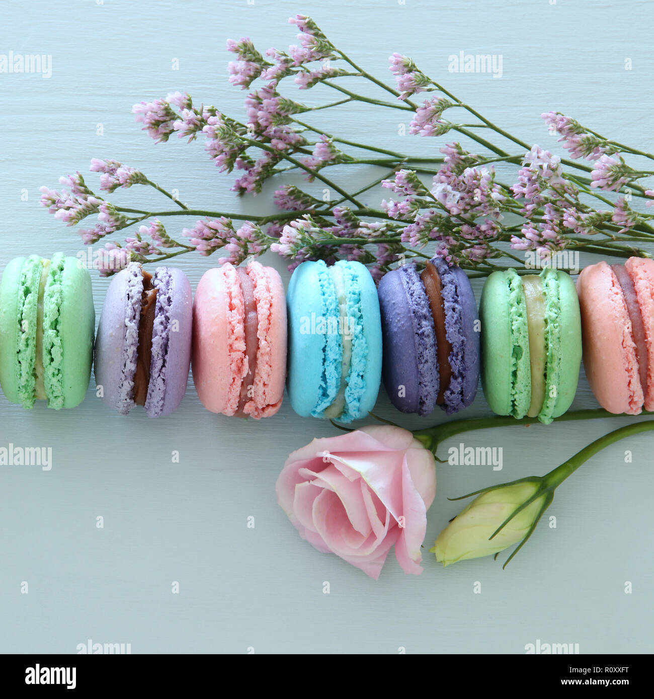 Top view of colorful macaron or macaroon over pastel blue background ...