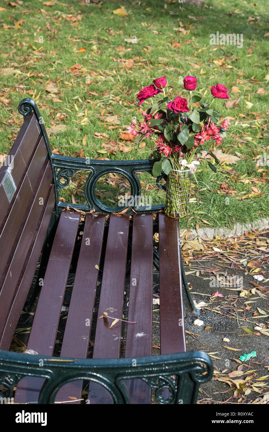 A bouquet of roses left on a bench in a park in Newquay Cornwall. Stock Photo