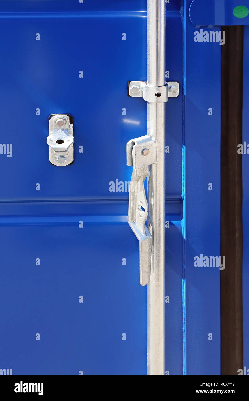 Open Door Latch at Blue Shipping Container Stock Photo