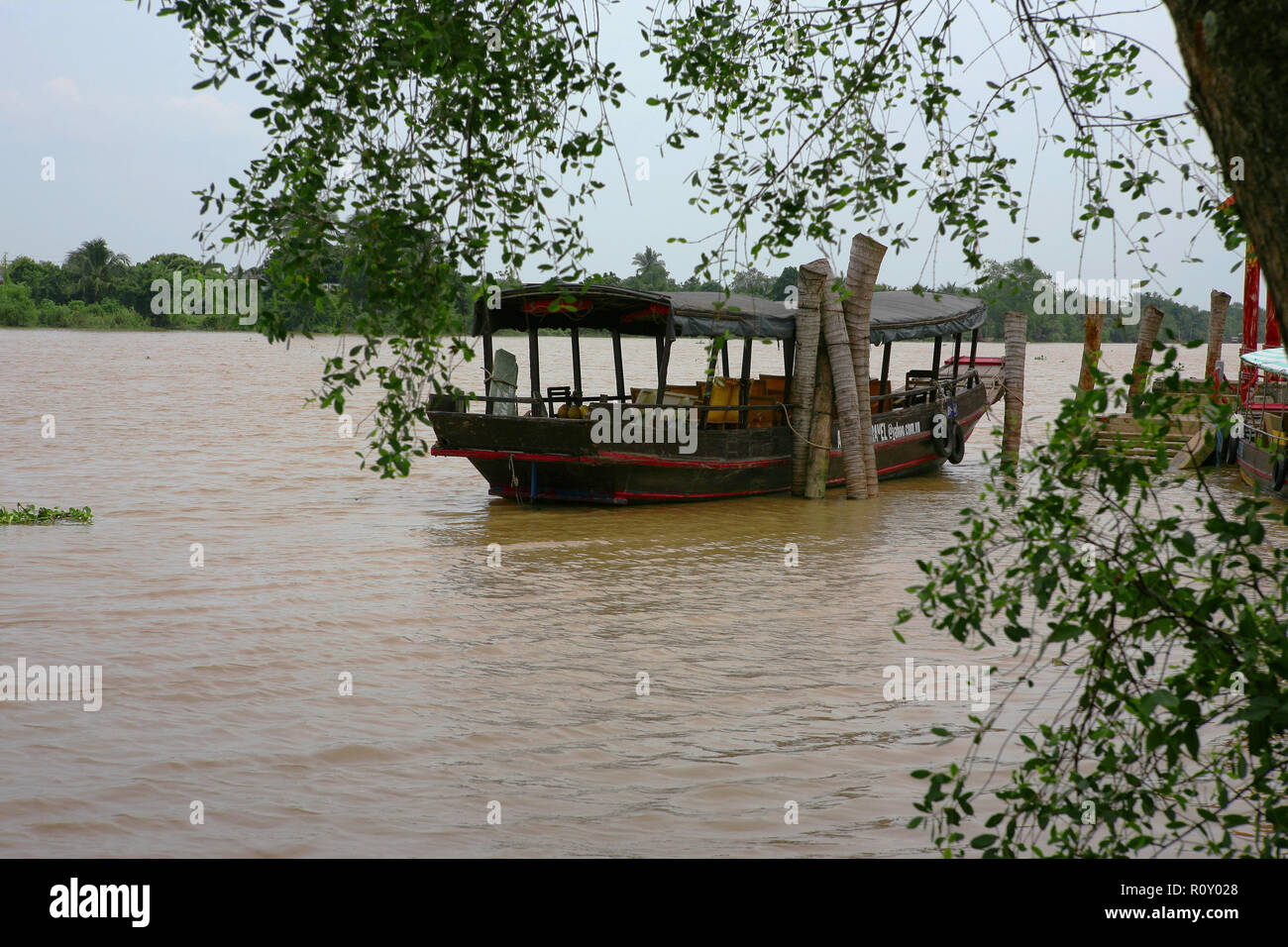 Local boat on the Mekong River (Sông Mỹ Tho branch) at Tân Thạch, Bến Tre, Tiền Giang Province, Viet Nam Stock Photo