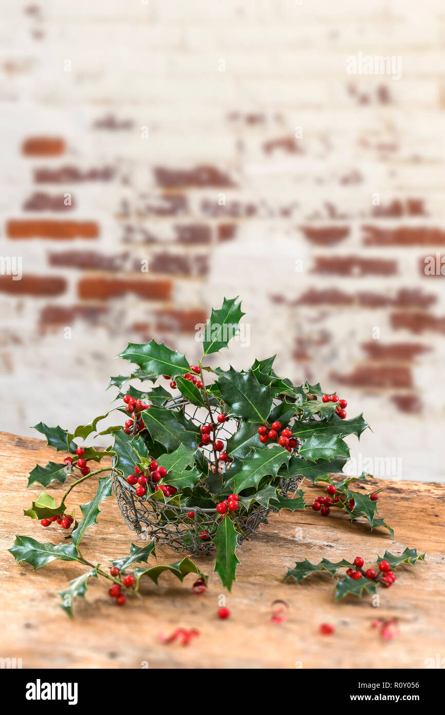 close up basket of holly red berries branches, grean leaves, evergreen, on rustic, table over a , vintage ambiance, frame, on old blurry wall, space for text Stock Photo