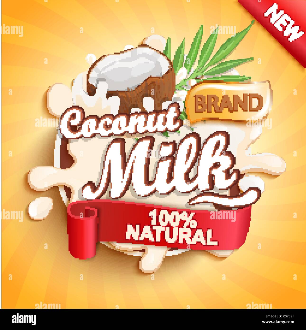 Coconut milk label splash on gold sunburst background. 100 percent natural, organic and fresh healthy drink. Perfect for your advertising and packaging cosmetics or dairy products. Vector illustration Stock Vector