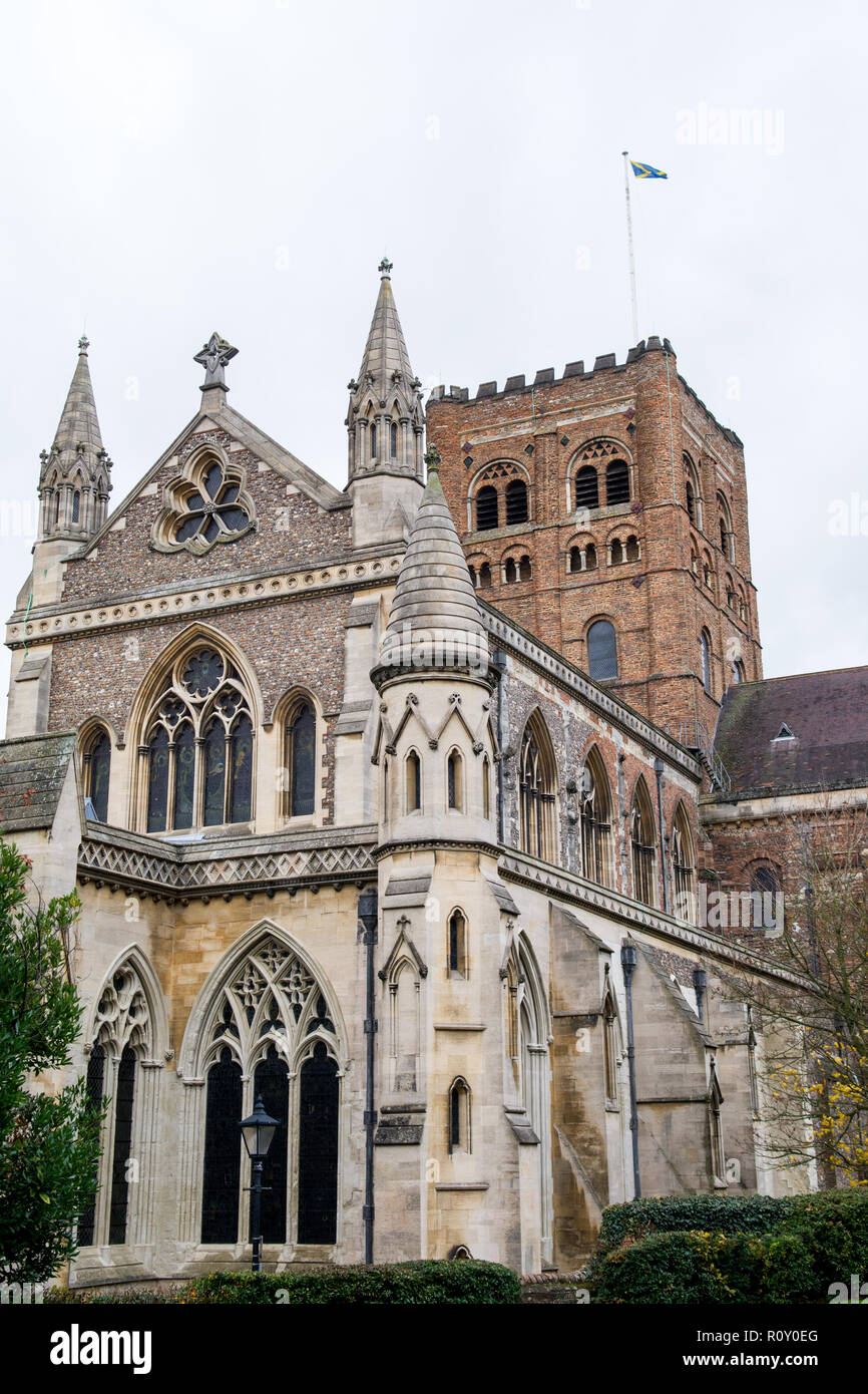 Exterior shot of St Albans City Cathedral, overcast day Stock Photo