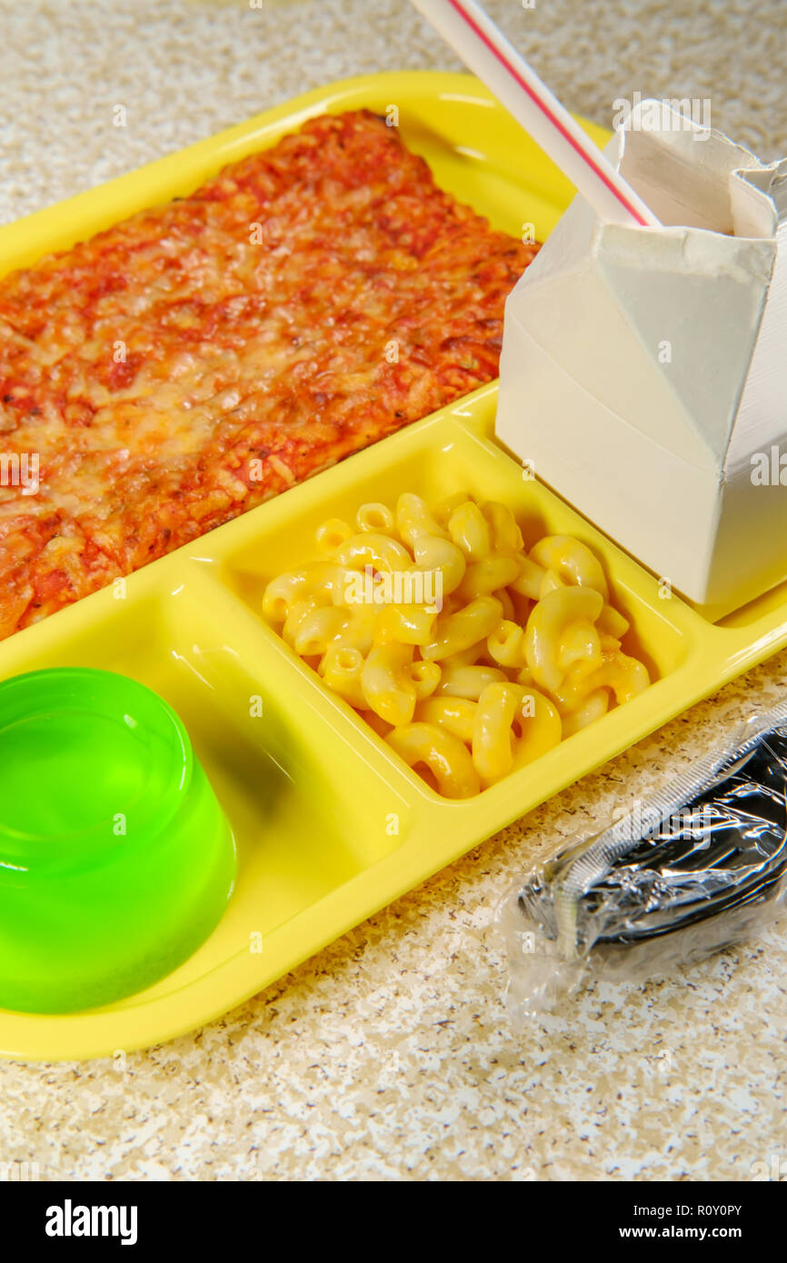 Grade school lunch tray with pizza with small carton of milk macn
