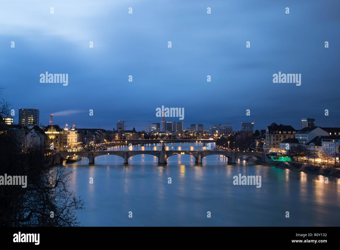 Evening view of Basel, Switzerland Stock Photo