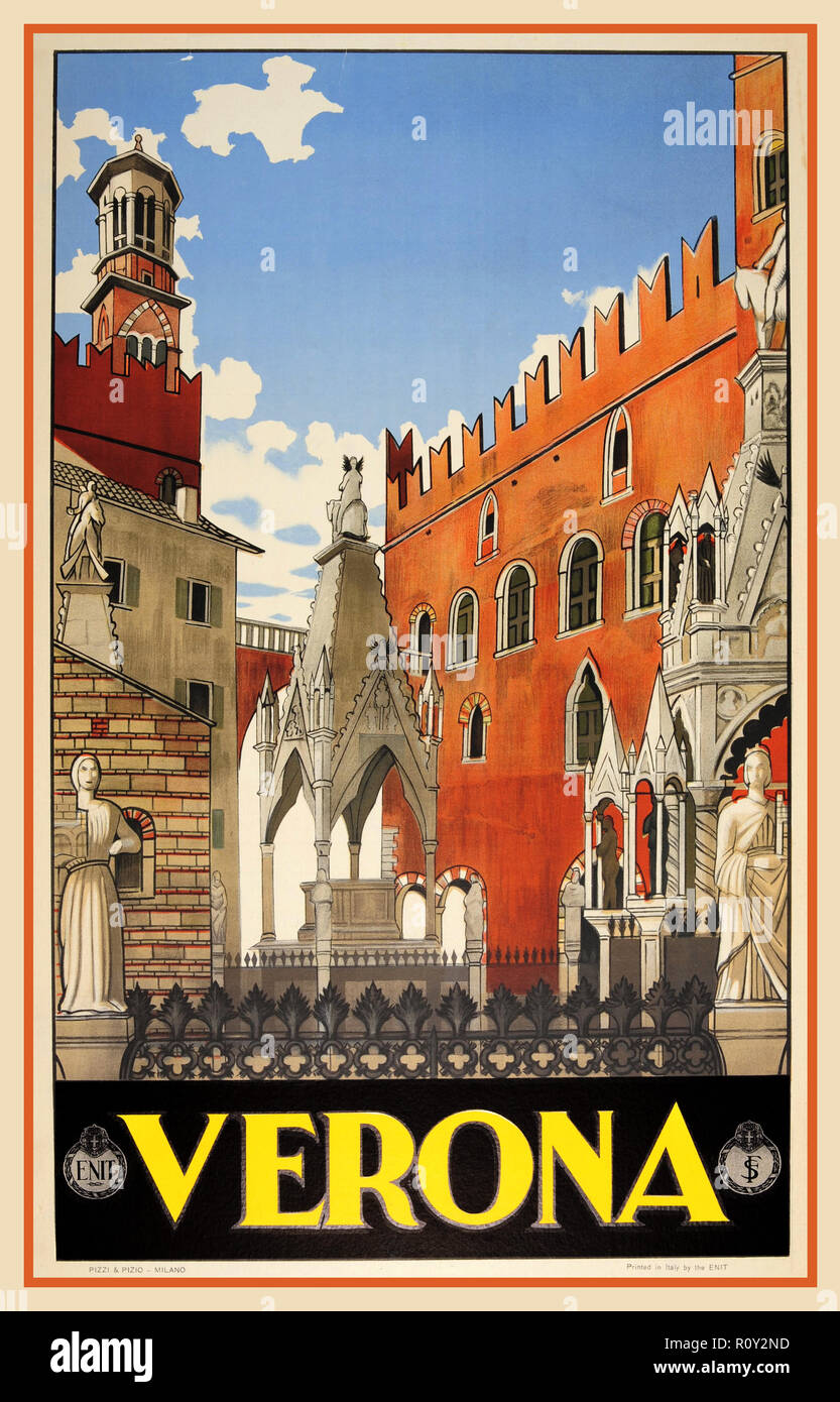 1900's Verona Italy Tourism Poster featuring the Verona Scaliger tombs retro vintage travel advertising ENIT poster Italian City of Verona Italy Stock Photo