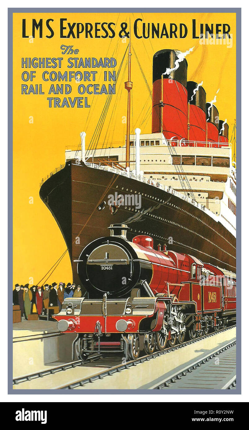 1920's Vintage LMS Express Railroad Cunard Line Ocean Cruise and Steam Train Locomotive Advertisement Vintage poster Rail and Ocean Travel Stock Photo