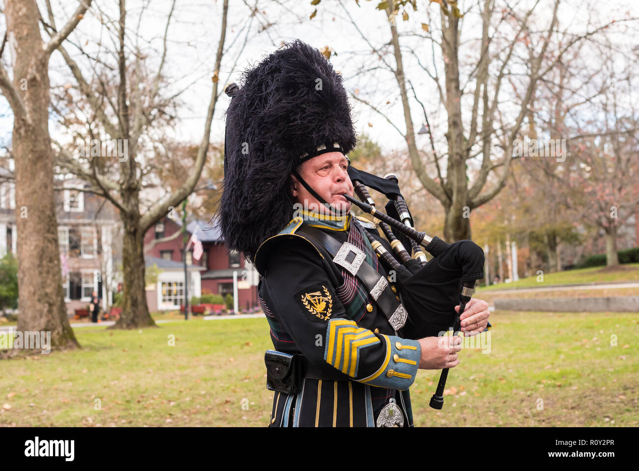 Bagpiper at military funeral procession for Medal of Honor recipient Captain Thomas Hudner. Stock Photo
