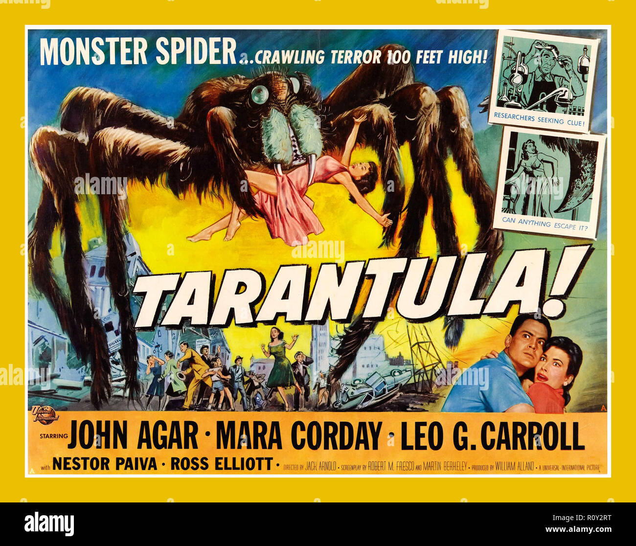 Vintage Movie Poster Tarantula 1955 American black-and-white science fiction giant monster film from Universal-International, produced by William Alland, directed by Jack Arnold, that stars John Agar, Mara Corday, Nestor Paiva, Ross Elliott and Leo G. Carroll. Stock Photo